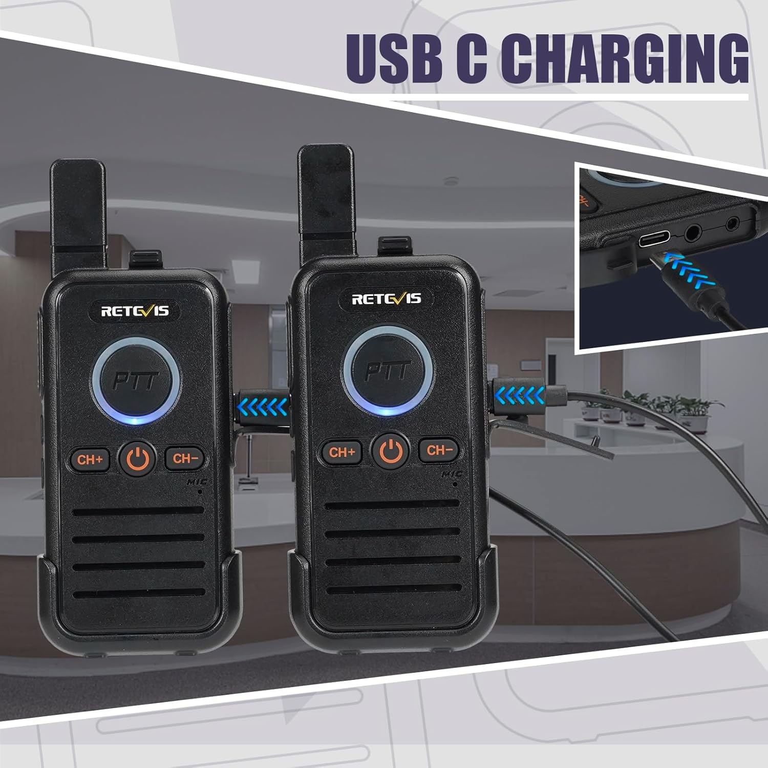 Retevis RB45 Radios de 2 vías, radios portátiles FRS bidireccionales, PTT dual, alarma de emergencia, VOX, USB-C, radio de mano de 2 vías recargable