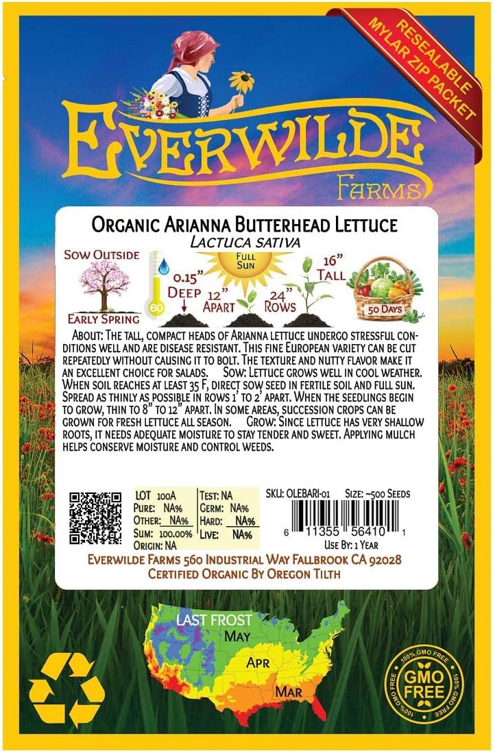 Everwilde Farms – 500 semillas de lechuga orgánica Arianna Butterhead – Paquete Gold Vault