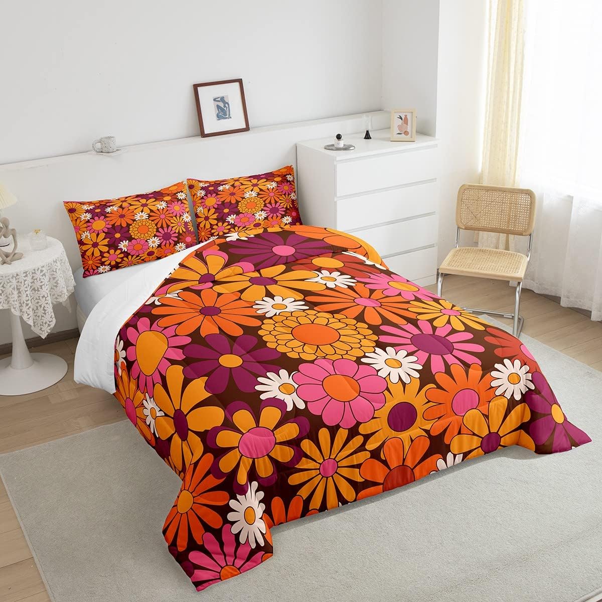 Erosebridal Groovy – Juego de edredón floral individual para niñas, ropa de cama y juegos de ropa de cama retro con diseño de margaritas, decoración