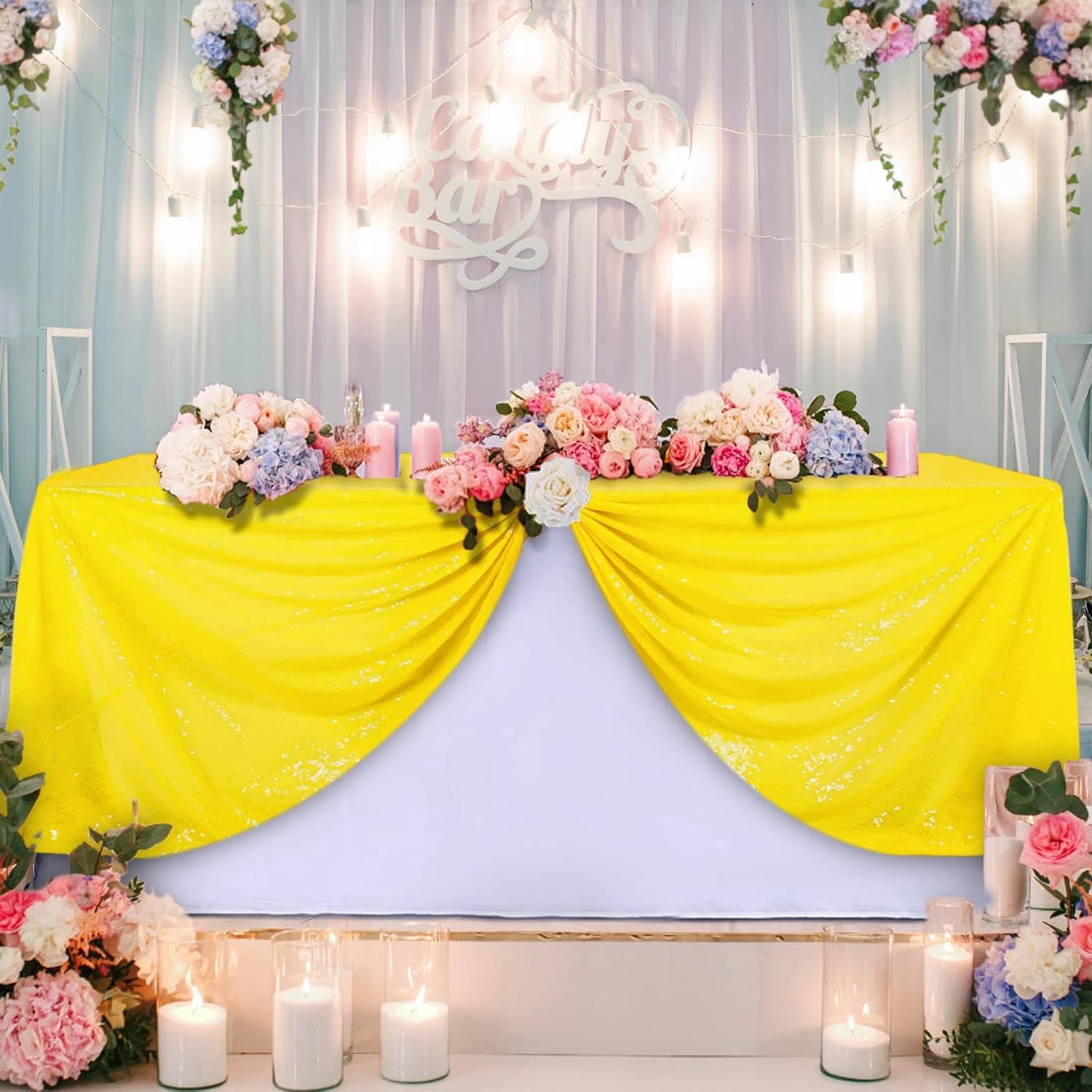 DUOBAO Mantel de lentejuelas de 50 x 80 pulgadas, color amarillo, para fiestas de cumpleaños, decoración de vacaciones, manteles de fiesta infantil