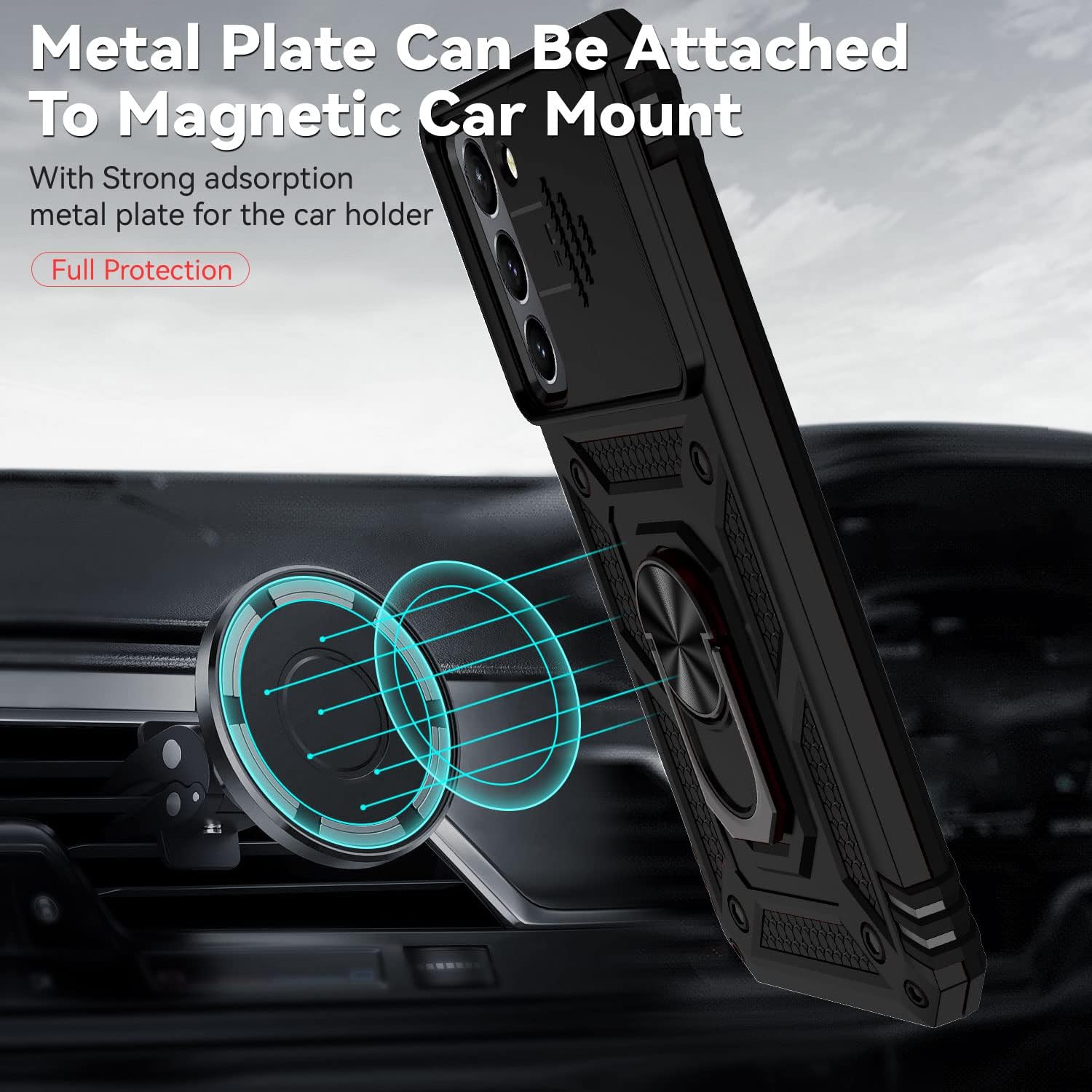 Funda para Samsung Galaxy S22, con cubierta para lente de cámara, protector de pantalla HD, grado militar anillo de montaje en coche con soporte