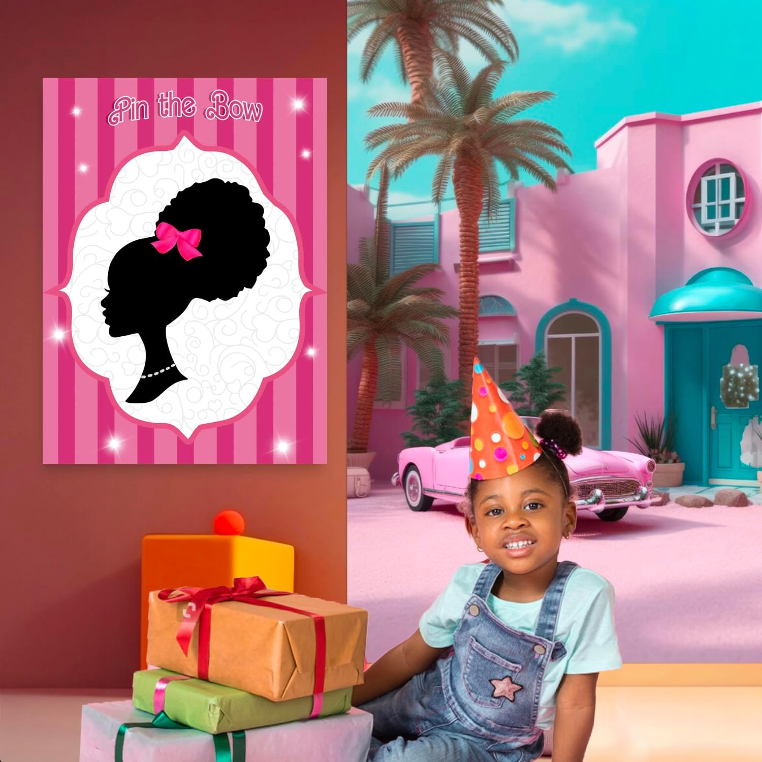 Decoraciones de fiesta rosas para niñas, decoraciones de cumpleaños de niñas negras, juegos de fiesta, pin el lazo en la cabeza de las niñas, juego
