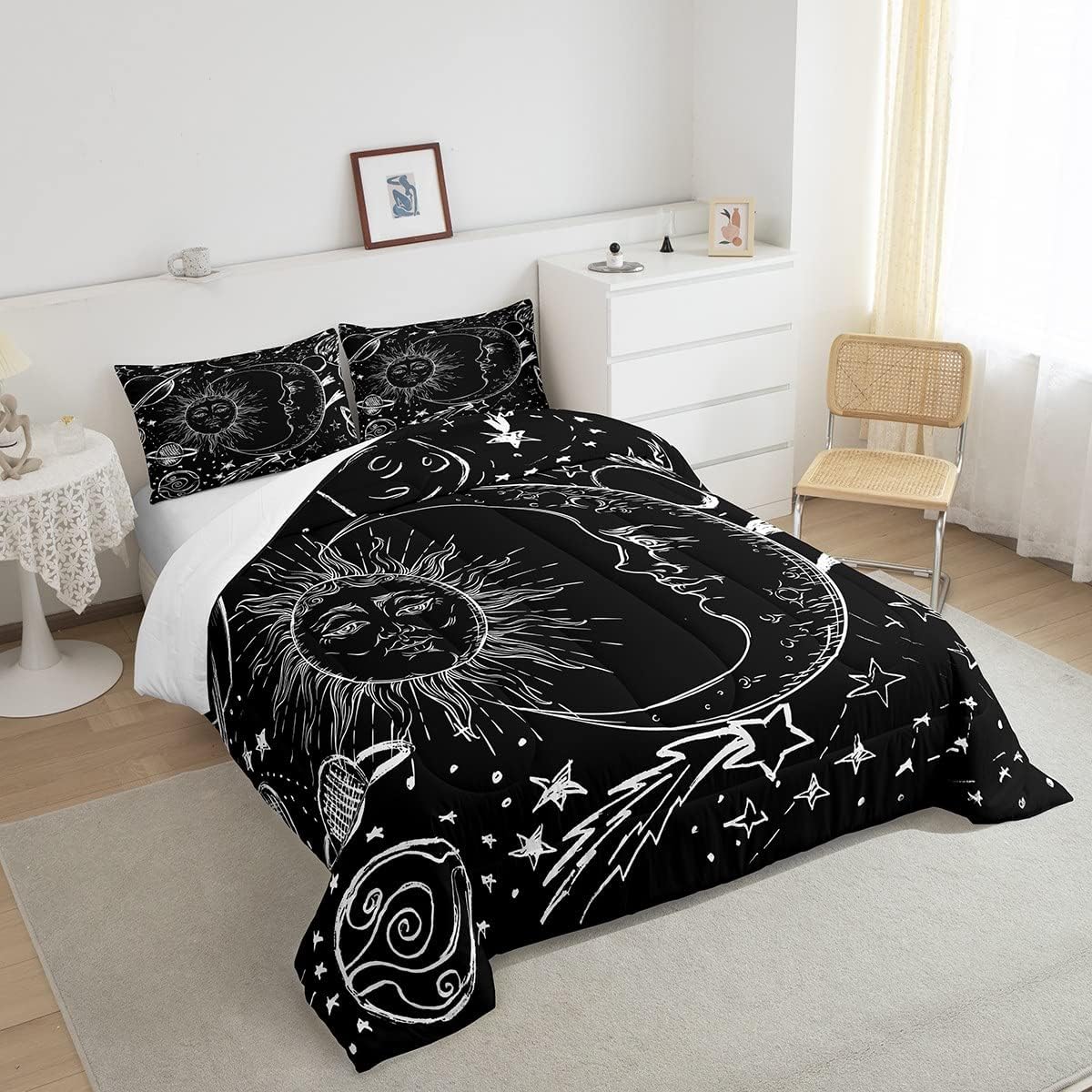 Feelyou Juego de ropa de cama de sol y luna, juego de edredón de estilo bohemio para niños y niñas, edredón de galaxia cósmica celestial, juego de