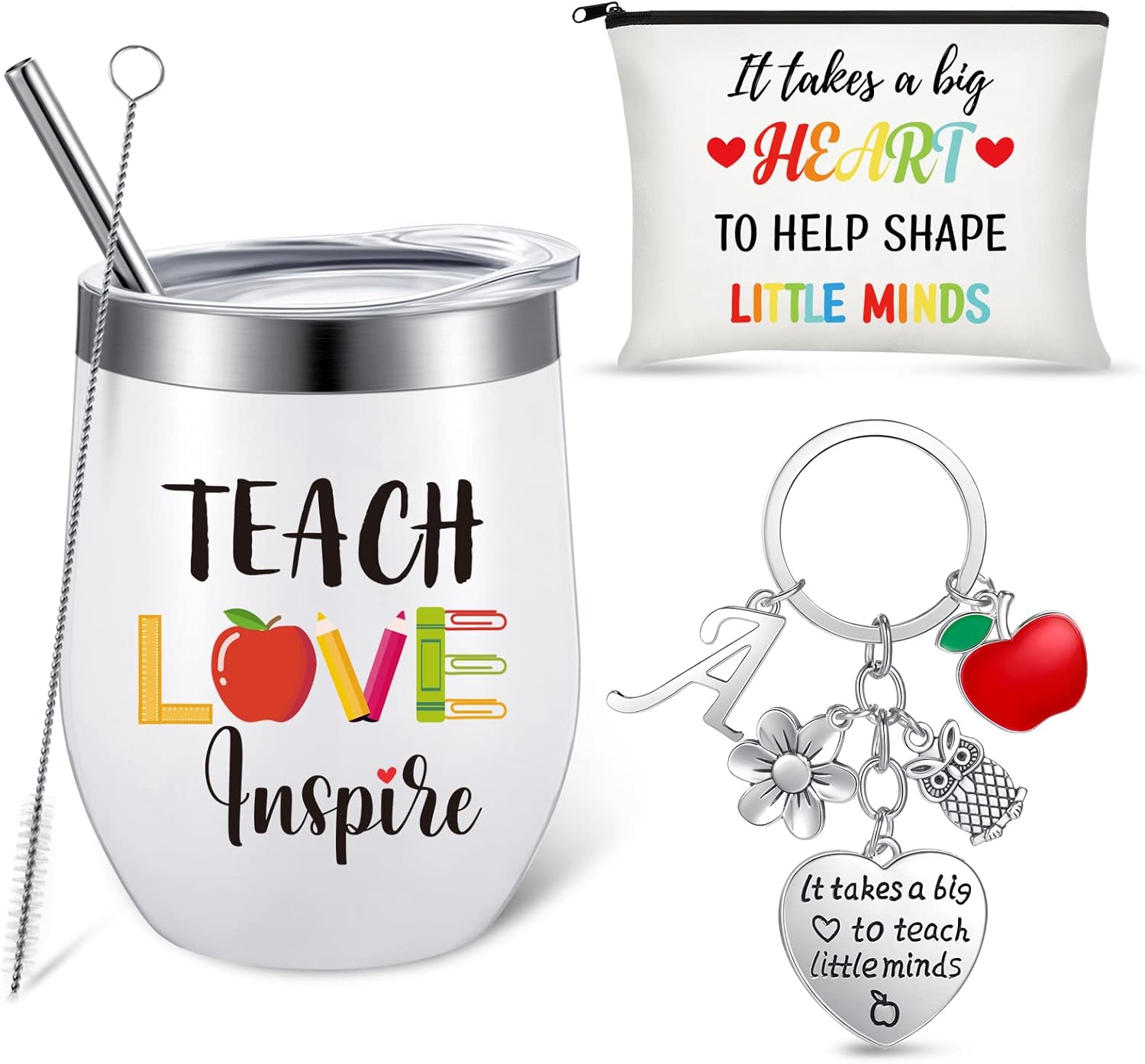Vaso de vino de 3 piezas de 12 onzas con texto en inglés “Teach Love Inspire – It Takes a Big Heart To Help Shape Little Minds – Bolsa de cosméticos