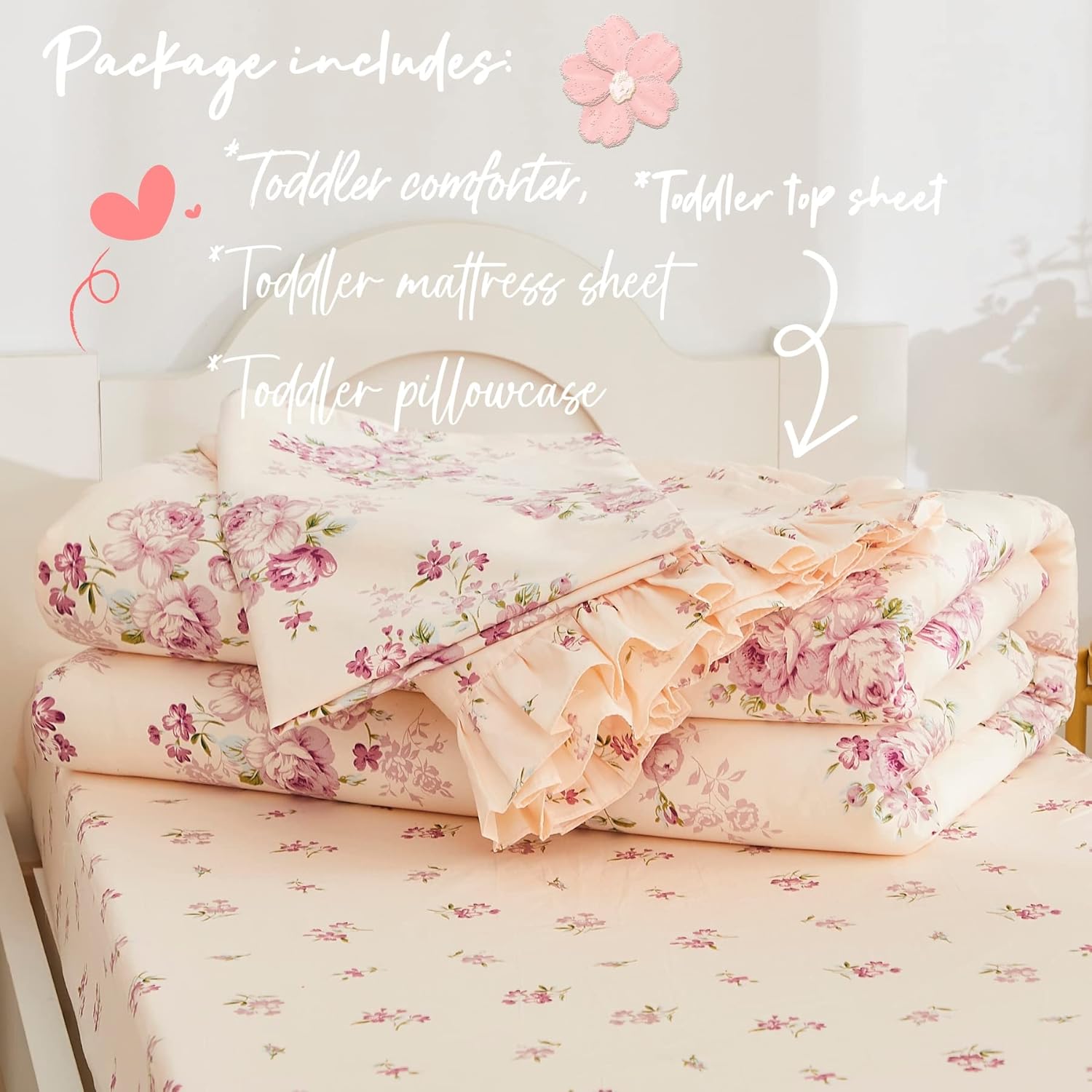Brandream Juego de ropa de cama para niñas pequeñas, juego de sábanas de 4 piezas en una bolsa, ropa de cama de princesa para niños con sábana