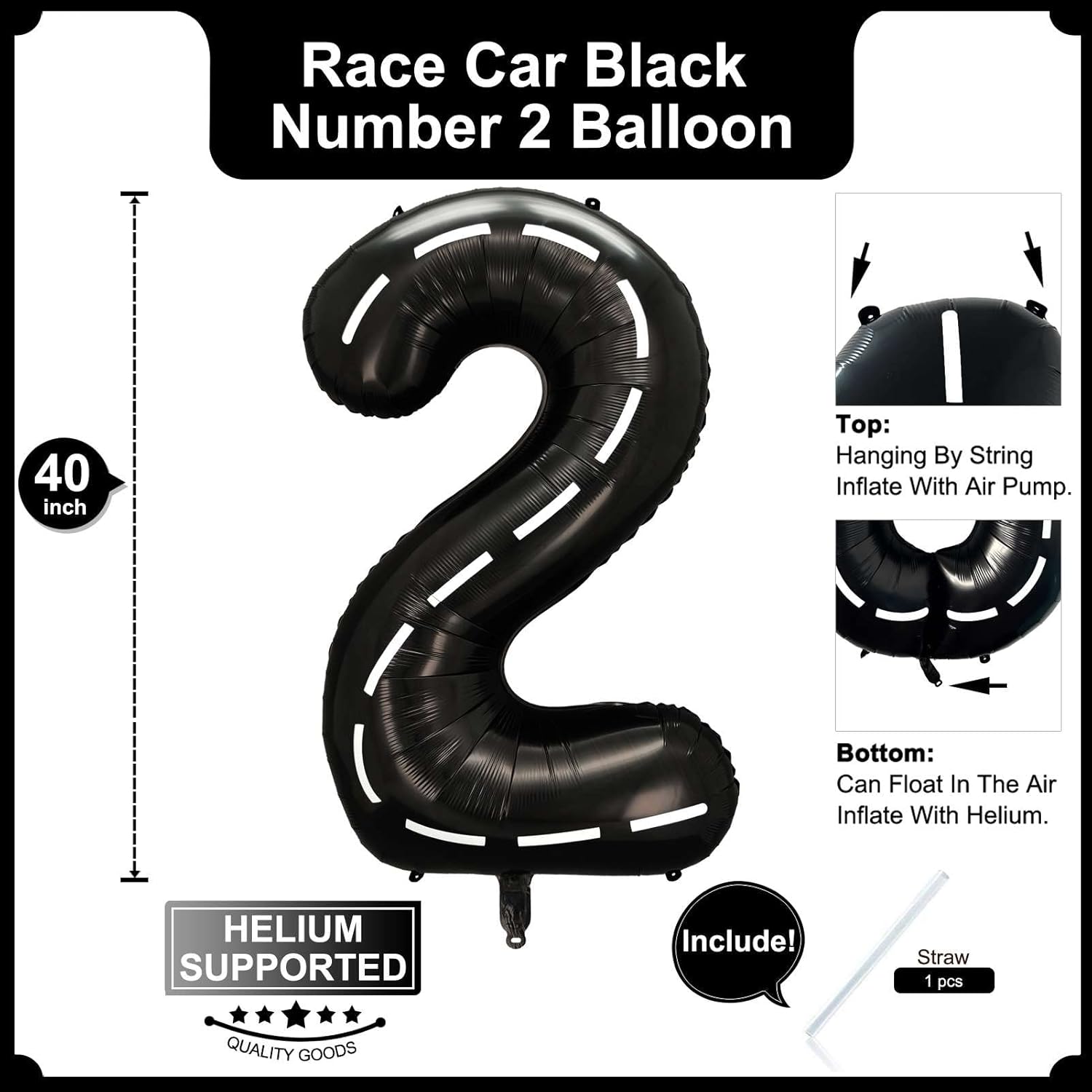 Globo negro número 2 de 40 pulgadas, globos de helio de tereftalato de polietileno de gran tamaño para niños, 2 auto de carreras, camión monstruo,
