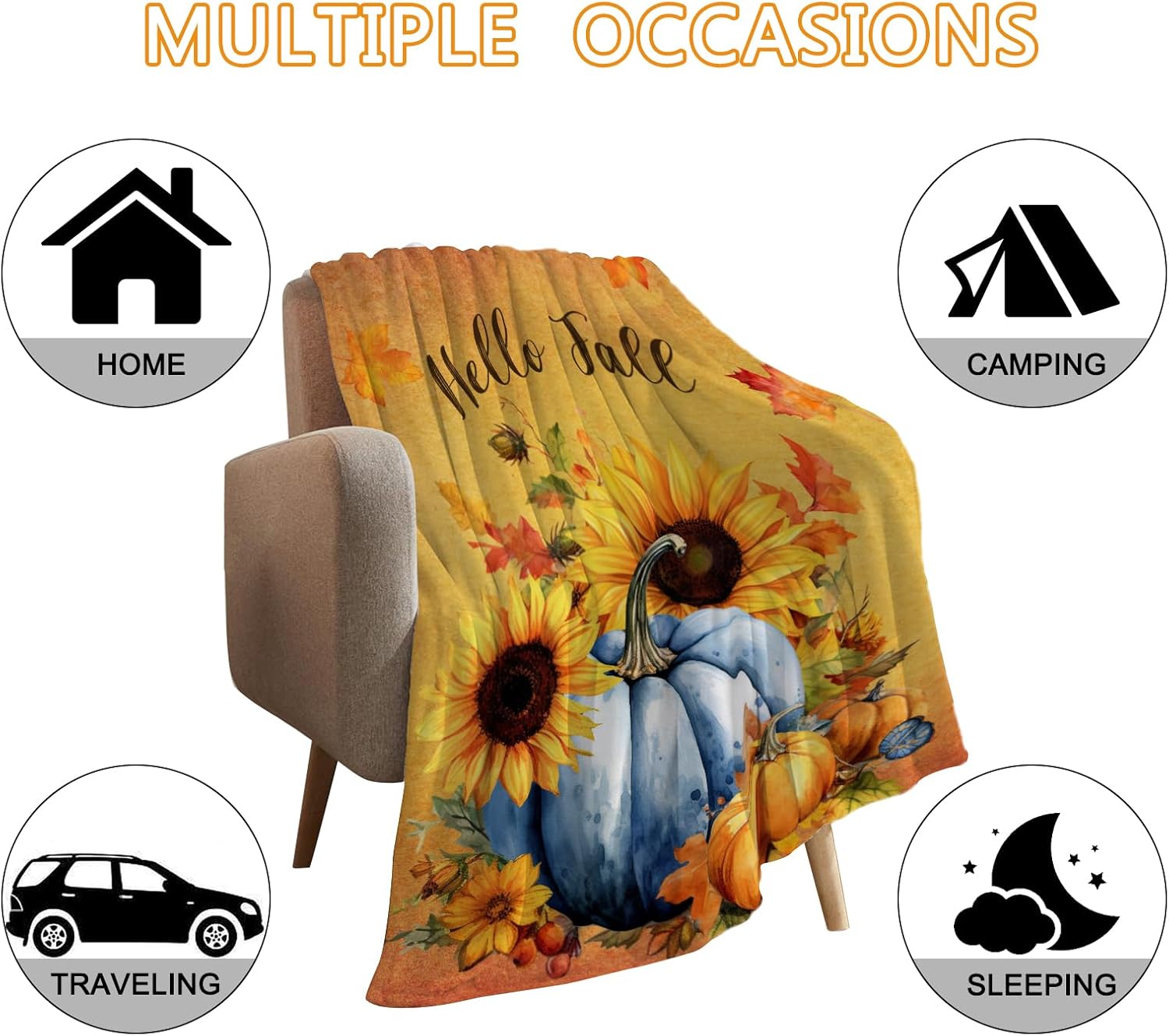 YeeJu Manta decorativa de otoño, color naranja, Acción de Gracias, otoño, lindas calabazas, hojas, girasoles, sofá, cama, sala de estar, suave,