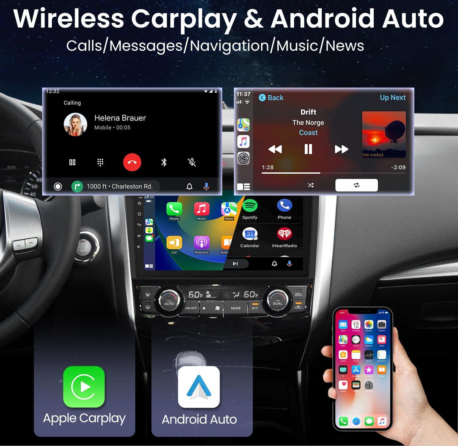 Radio estéreo para coche para Nissan Altima 2013 2014 2015 – CarPlay inalámbrico Android Auto 1280 * 800 10 ” pantalla táctil unidad principal con