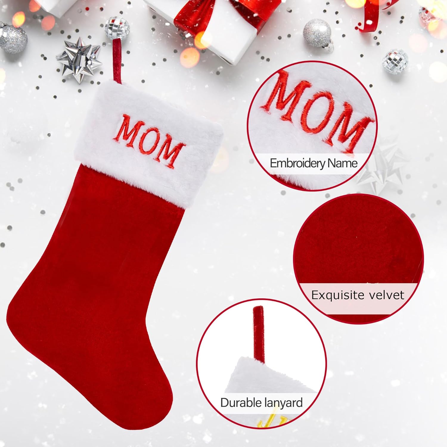 Medias de Navidad personalizadas, medias de Navidad con nombre personalizado, terciopelo rojo con puño de felpa suave blanca para niños, calcetín de