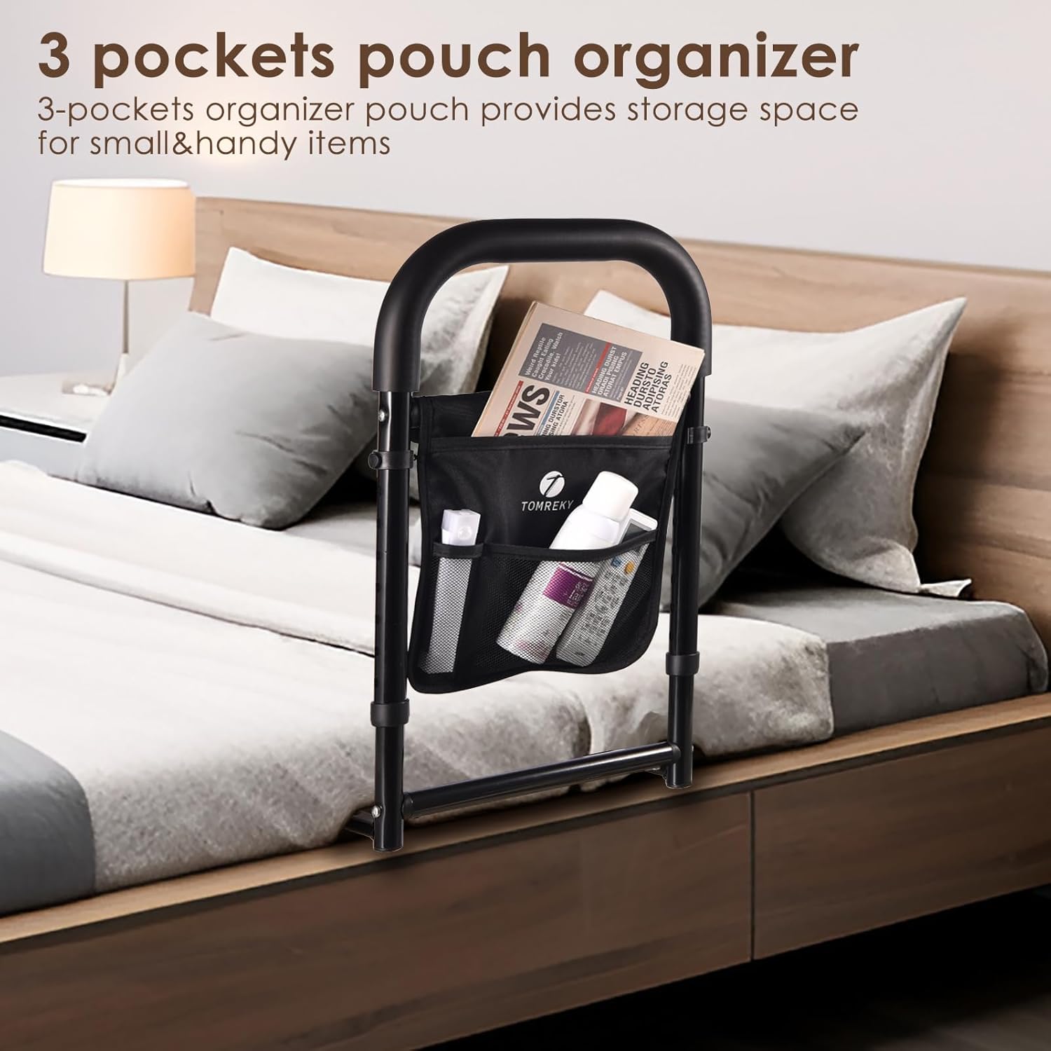 Rieles de cama para adultos mayores ayudan a la seguridad para personas mayores, agarre de barra de mano con bolsillo de almacenamiento,