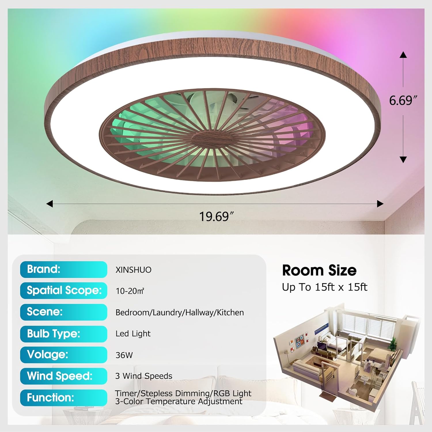 Ventilador de techo de perfil bajo de 20 pulgadas con luz y control remoto, ventilador de techo cerrado, ventilador de techo LED de montaje