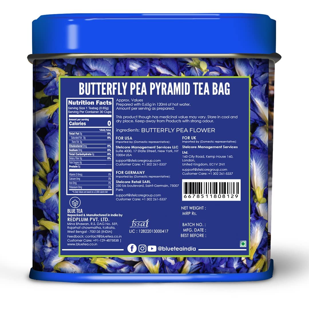 BLUE TEA – Flor de guisante de mariposa – 30 bolsas de té piramidales  Color natural de los alimentos  Té helado azul púrpura y rosa natural,