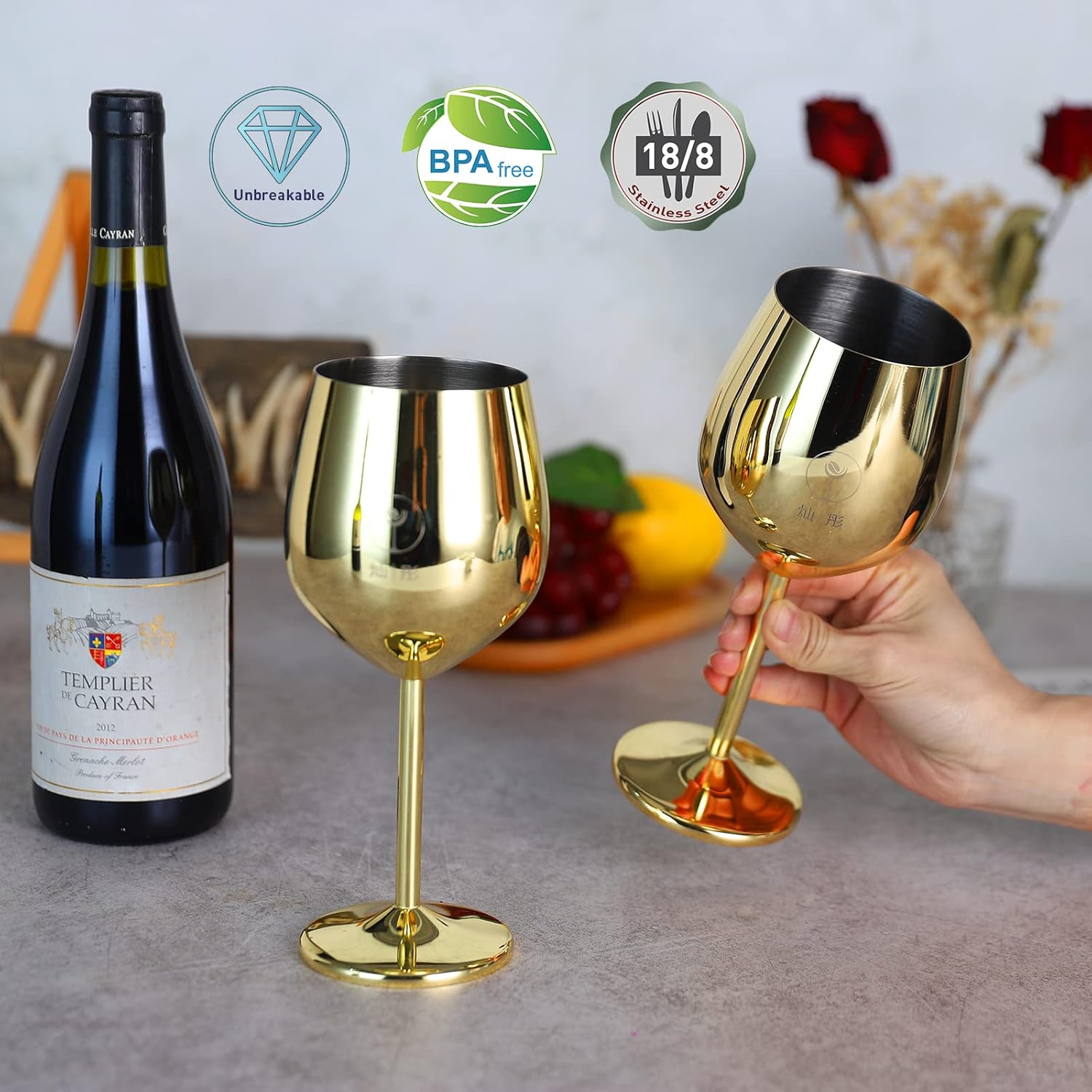 CANTONG Copas de vino tinto, juego de 2 copas de vino, copas de vino doradas irrompibles