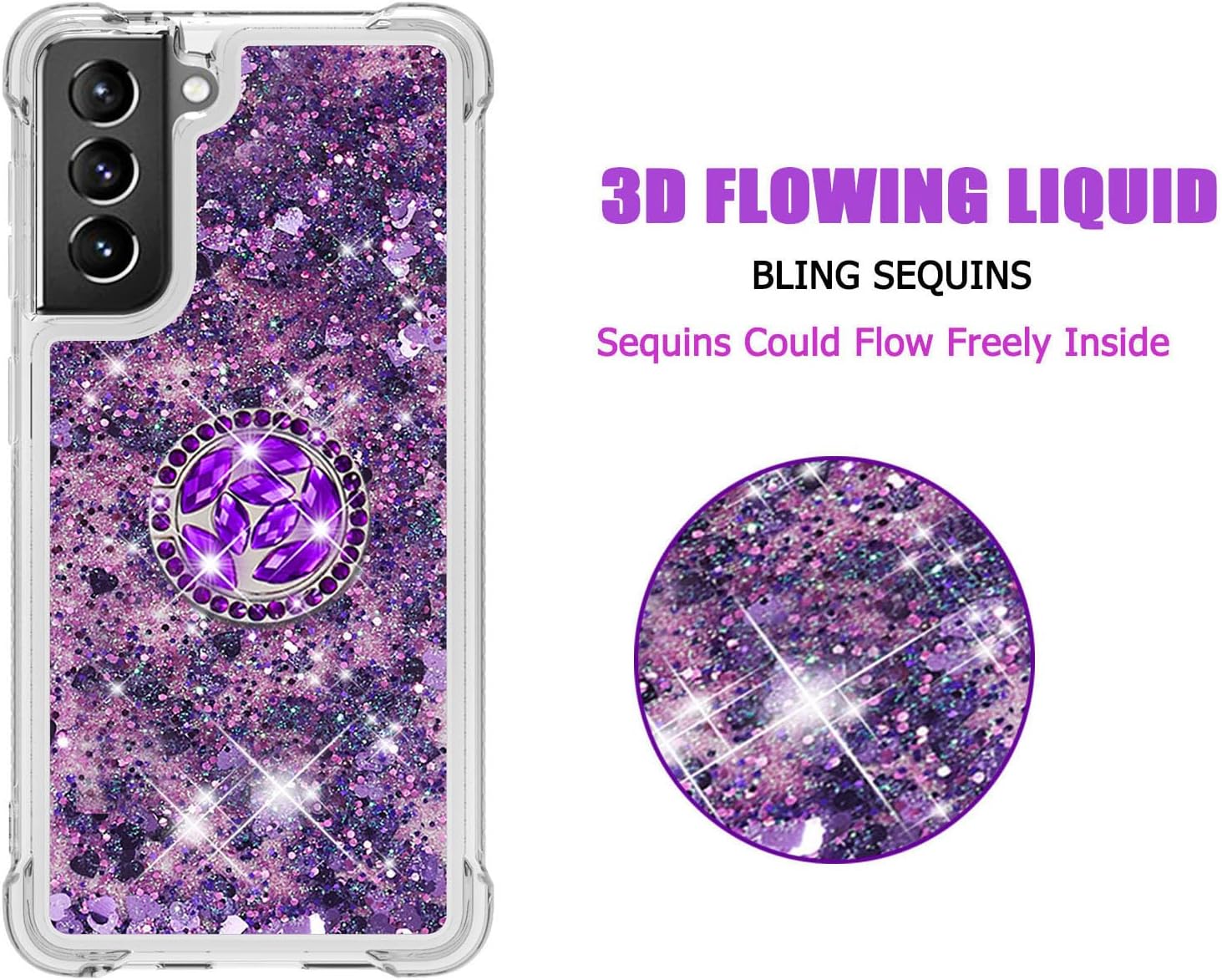 Asuwish Funda de teléfono para Samsung Galaxy S21 5G de 6.2 pulgadas con protector de pantalla y soporte para anillo con purpurina líquida brillante