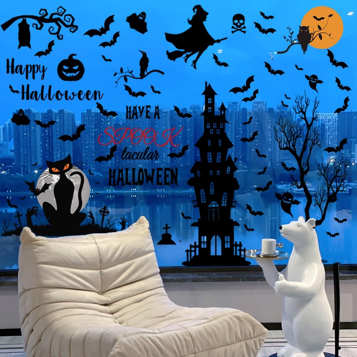 Calcomanías de pared de Halloween, decoración de pared de murciélagos, castillo antiguo, decoración de pared de Halloween para ventana, hogar,