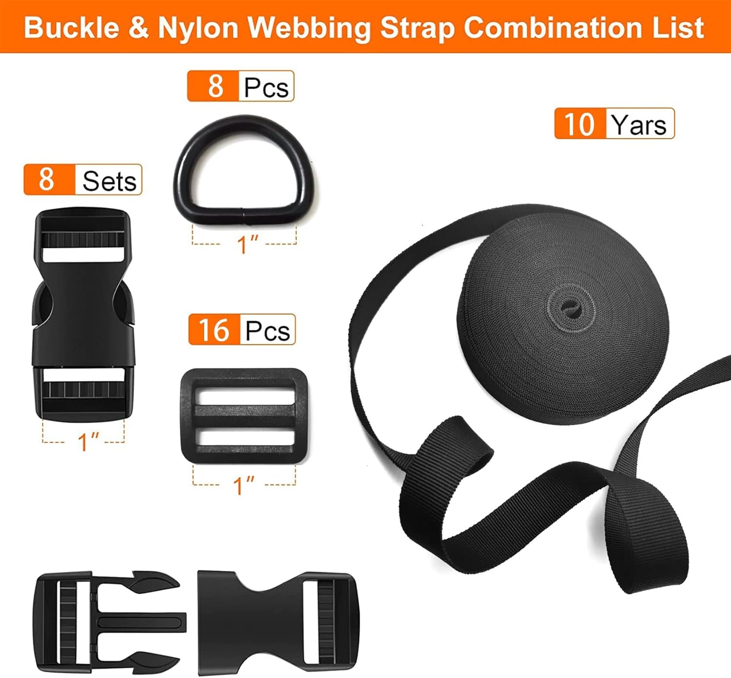 Buckles Strap 1 Inch Nylon Webbing Straps 10 Yards, Quick Side Release Plastic Buckle Dual Adjustable 8 Pack, Tri-Glide Slide Clip 16 PCS, Metal D