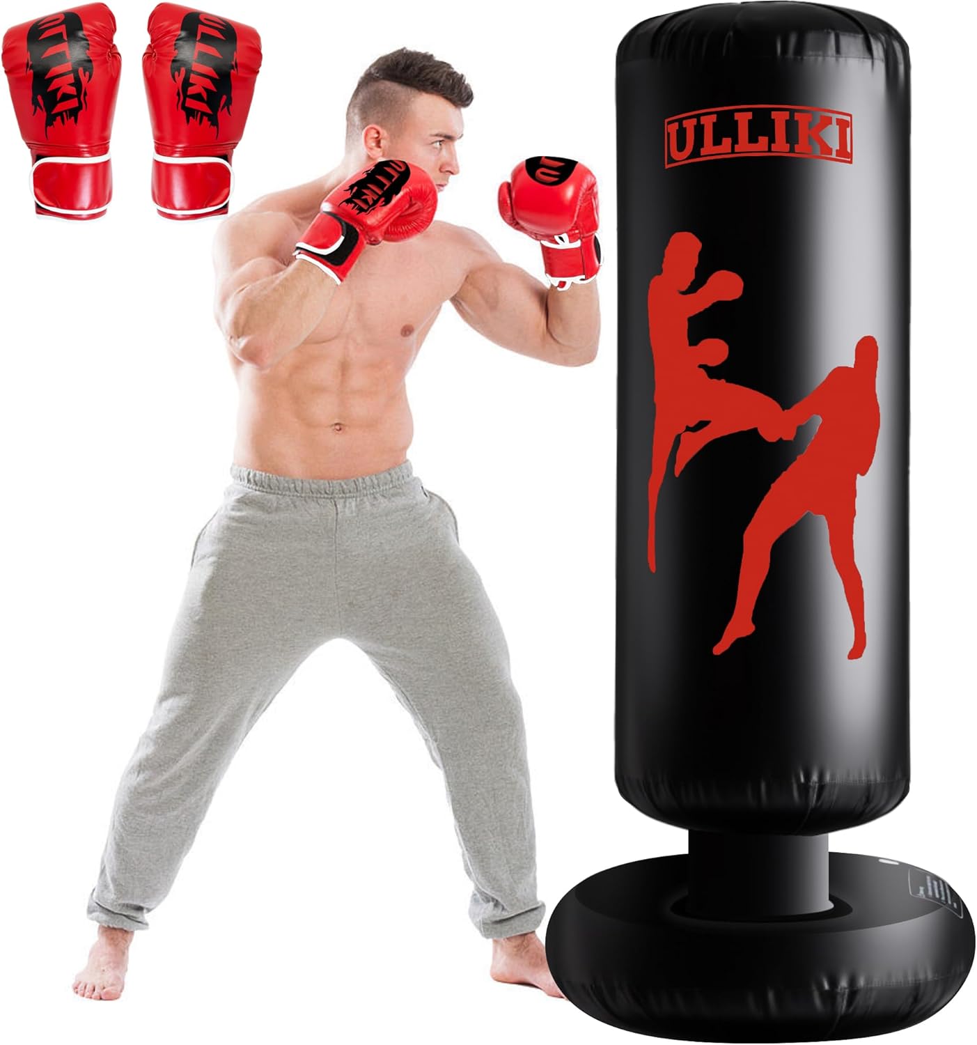 ULLIKI Saco de boxeo de 65 pulgadas para adultos y niños con guantes, bolsa de boxeo pesada independiente, equipo de entrenamiento de boxeo
