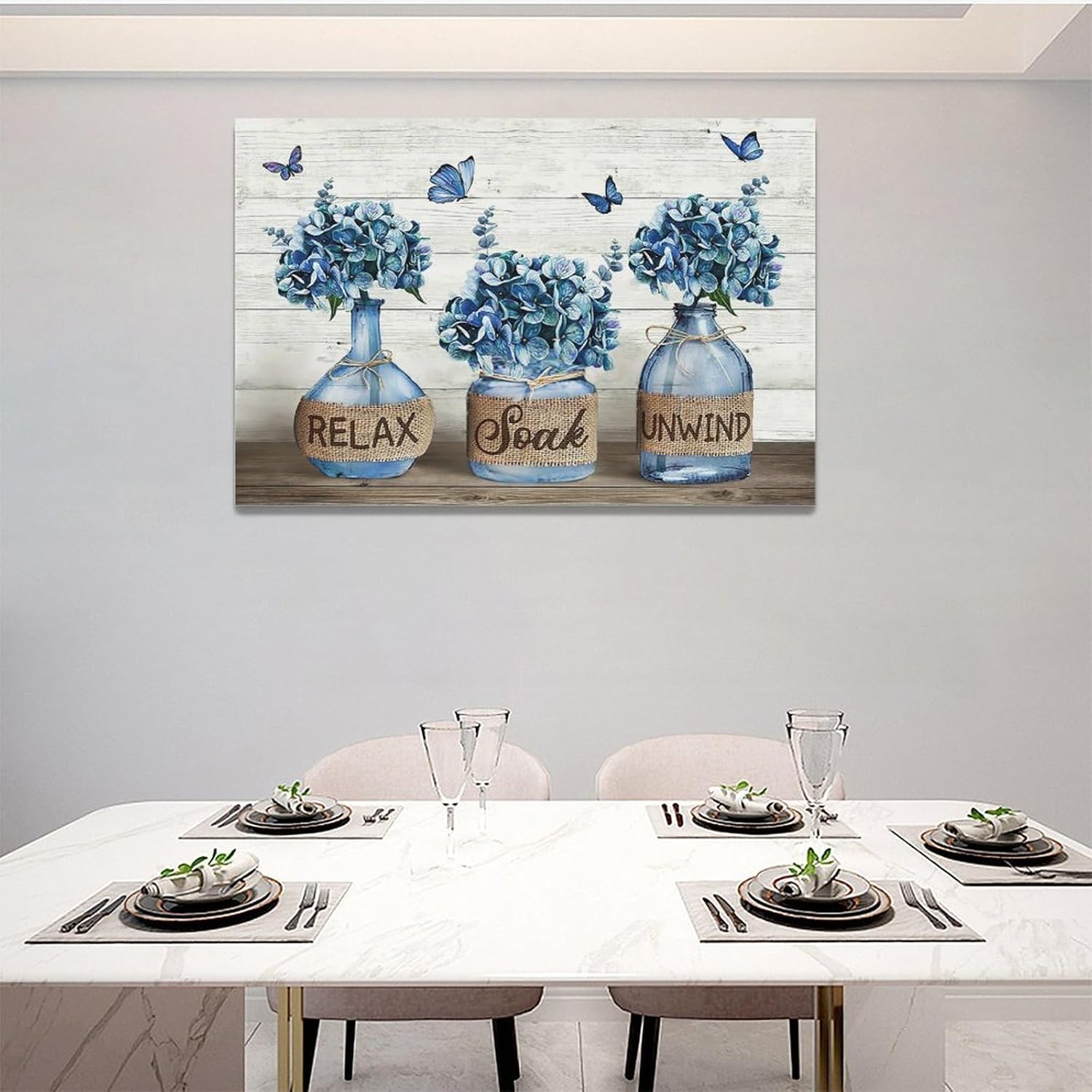 Decoración de baño de granja, arte de pared, diseño de flores de hortensias azul marino, impresiones en lienzo con texto “Country Relax Soak