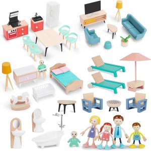 Juego de muebles de casa de muñecas de madera, 43 muebles y accesorios para casa de muñecas con 5 muñecas familiares, muebles de casa de muñecas en Juego de muebles de casa de muñecas de madera, 43 muebles y accesorios para casa de muñecas con 5 muñecas familiares, muebles de casa de muñecas en