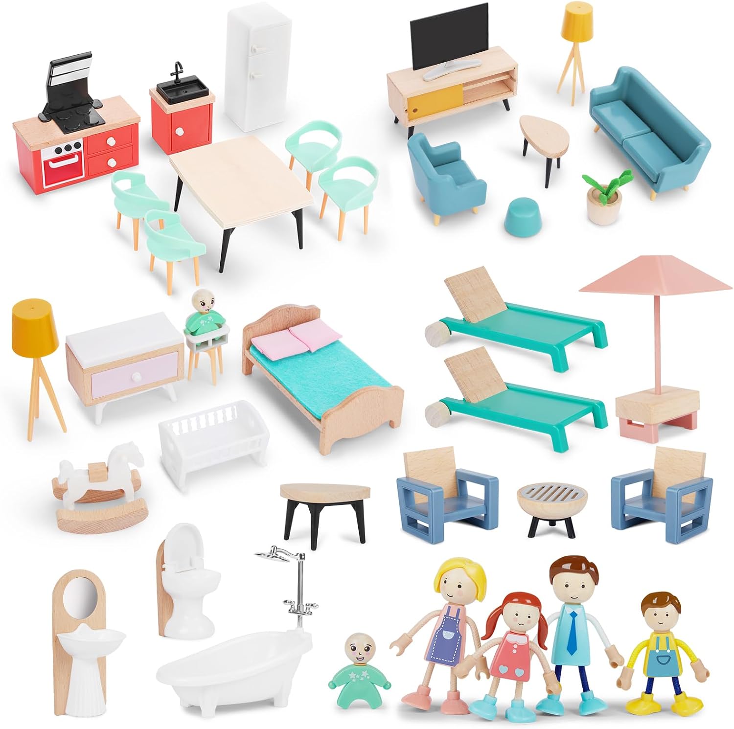 Juego de muebles de casa de muñecas de madera, 43 muebles y accesorios para casa de muñecas con 5 muñecas familiares, muebles de casa de muñecas en