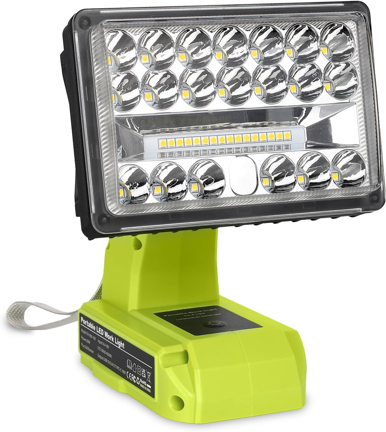 Luz de 18 V para Ryobi 18 V One+ batería de iones de litio, 18 W 2000 lm para luz Ryobi con puerto USB, cabeza giratoria de 110 grados de aleación