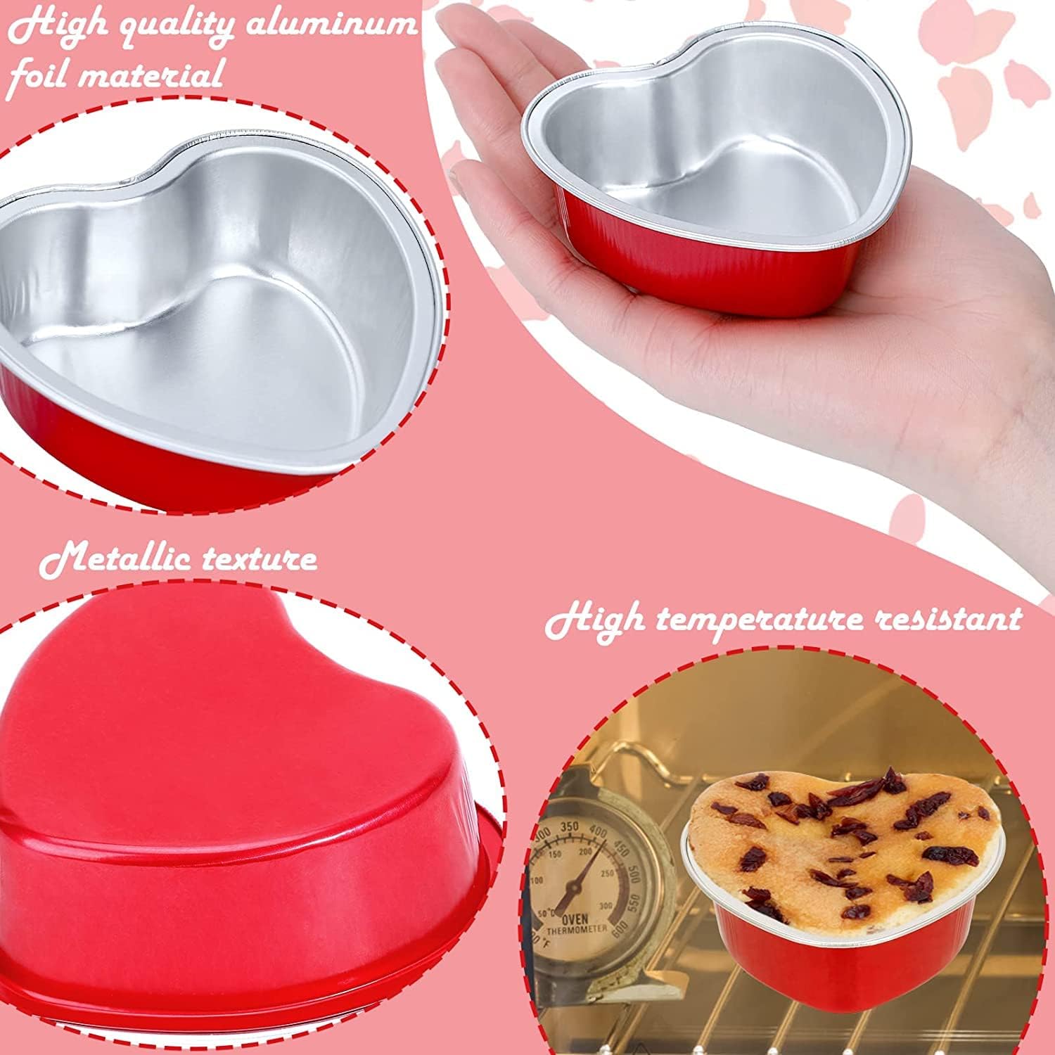 Moldes para pasteles en forma de corazón, paquete de 60 mini tazas de aluminio rojas de 3.4 onzas para hornear con tapas, cucharas, moldes