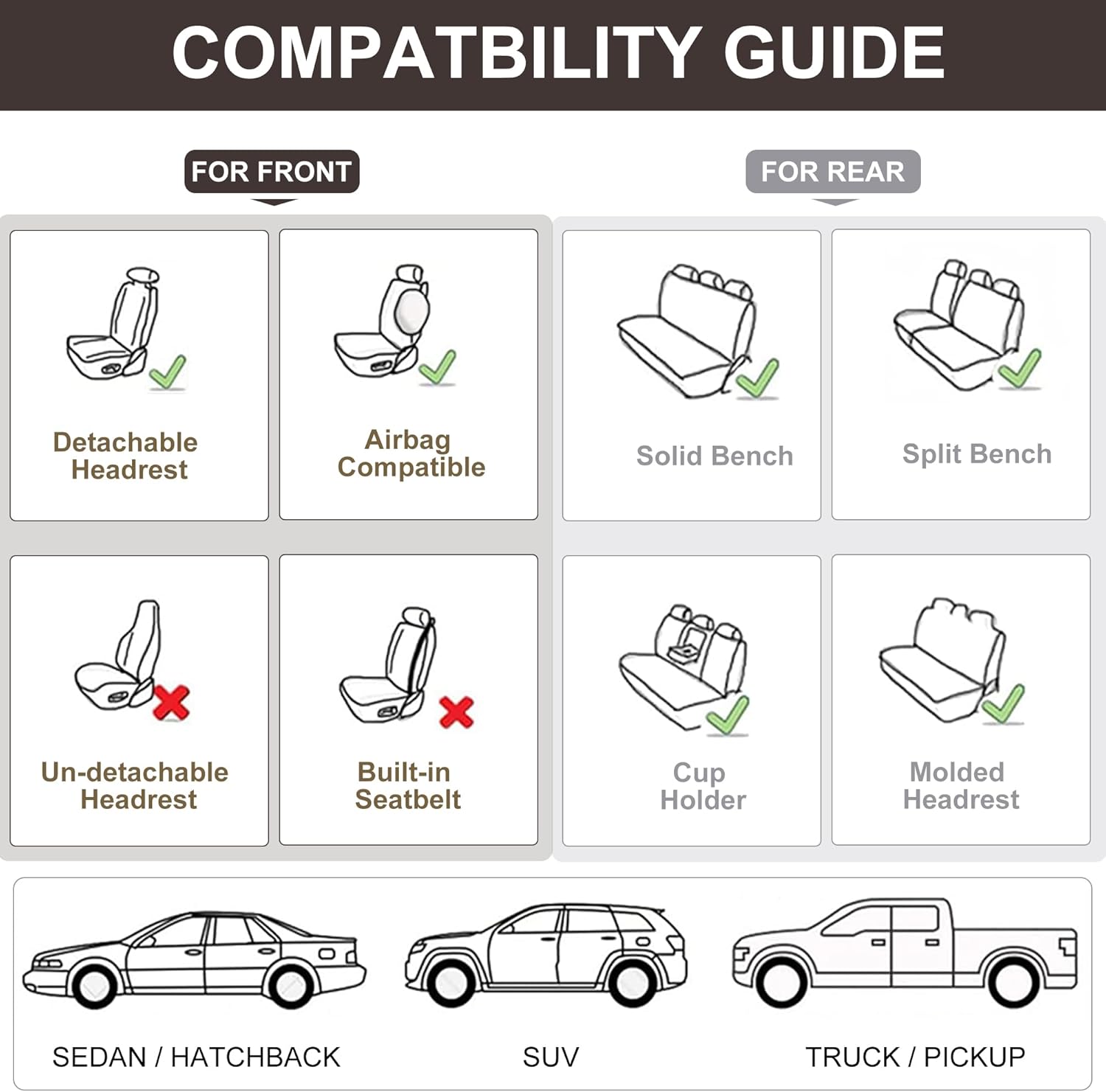 Juego completo de fundas de asiento de coche marrones, fundas de asiento delantero y trasero, 5 piezas, protectores universales de cuero sintético