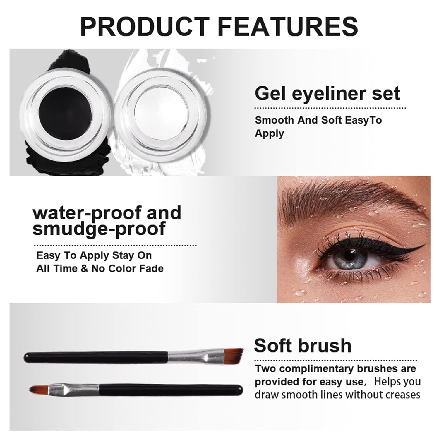 IONSGAKO Juego de crema delineador de ojos de gel blanco y negro, crema para cejas no se decolora fácilmente, de larga duración, impermeable, 2 en