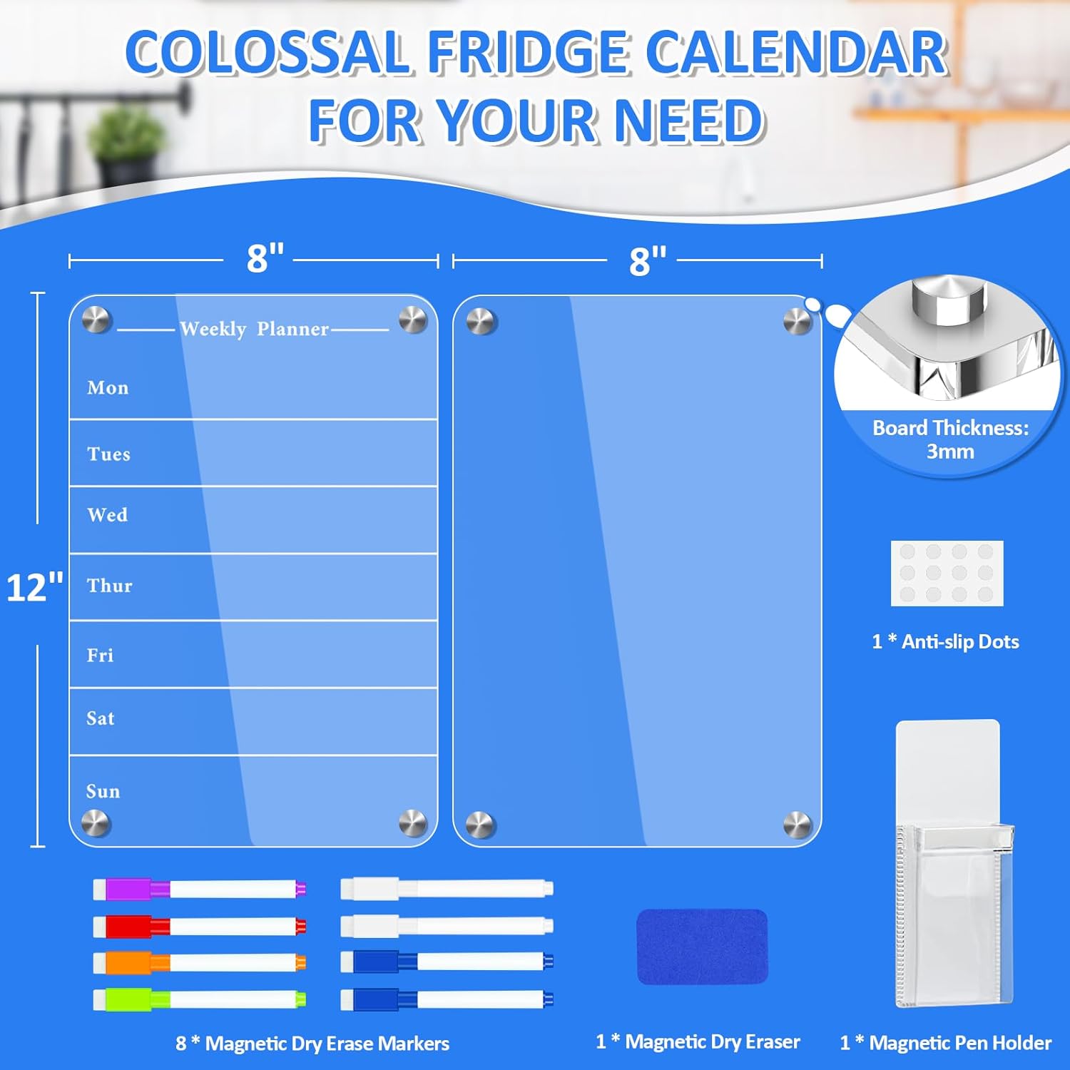 EAONE Calendario magnético acrílico para refrigerador, planificador semanal de borrado en seco transparente de 16 x 12 pulgadas y tablero de notas
