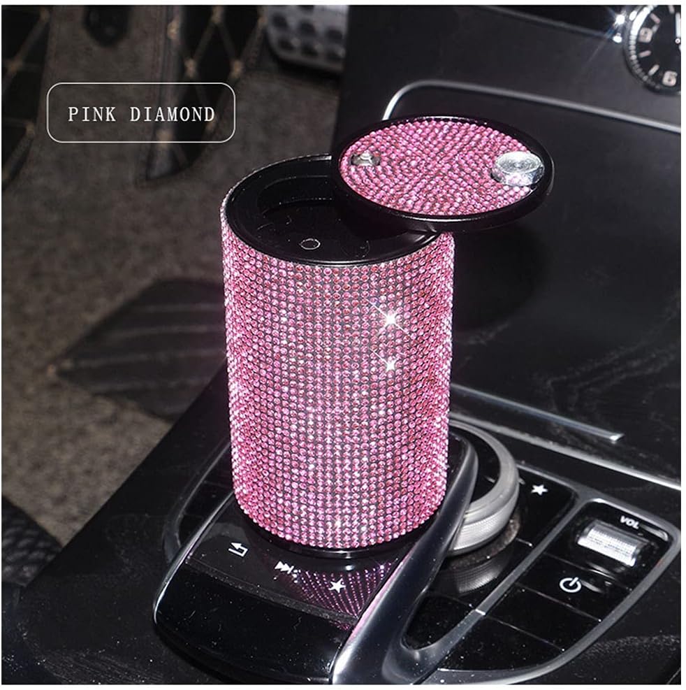 Cenicero de cigarrillos de automóvil con diamantes brillantes portátil con tapa, a prueba de olores, cenicero de automóvil con diamantes de cristal