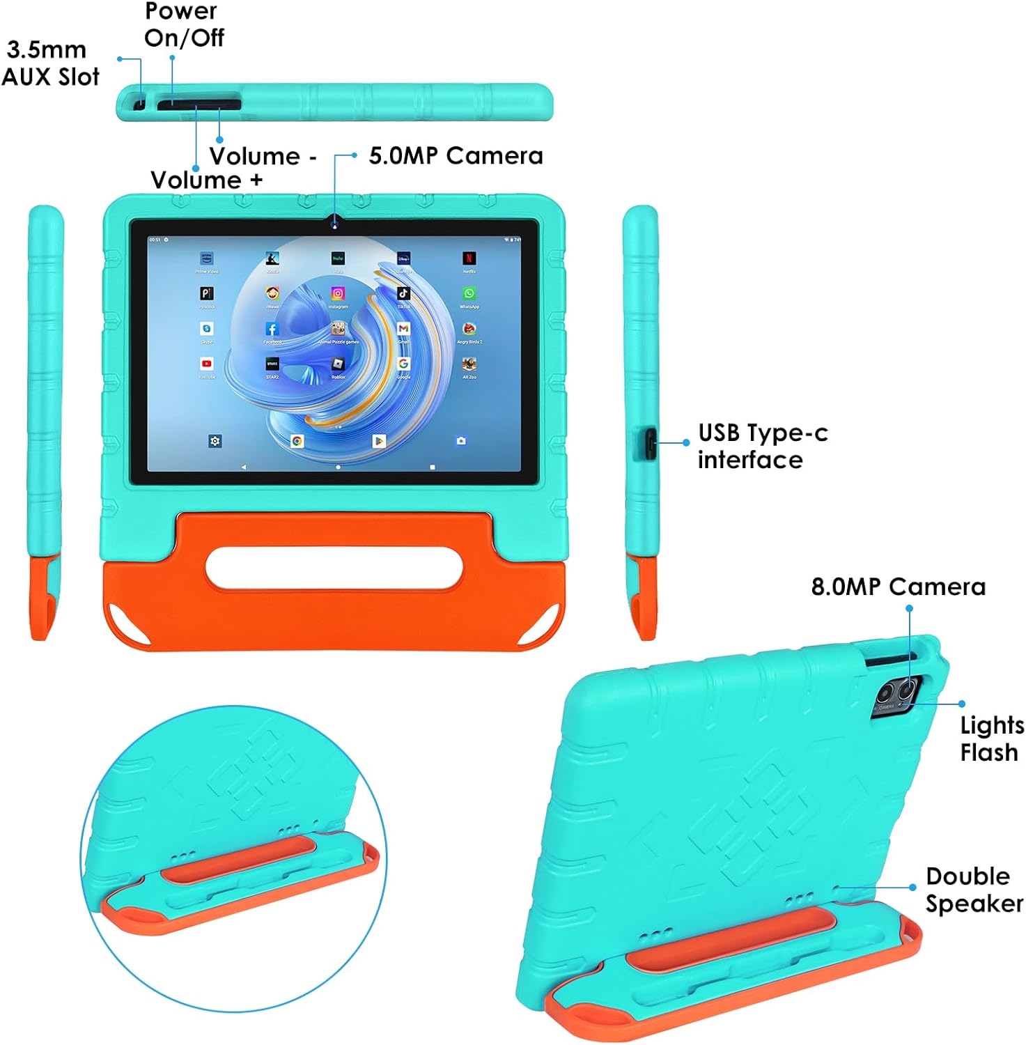 Tableta para niños Android 13 de 10 pulgadas para niños con funda a prueba de golpes, 12 GB+128 GB, octa-Core, pantalla táctil HD 1280 X 800,