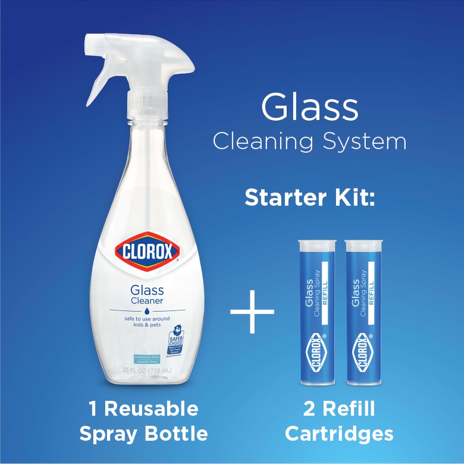 Clorox Glass Cleaner Cleaning System with one Reusable Bottle Plus 2 Refill Cartridges, Household Essentials, 3 Piece Set