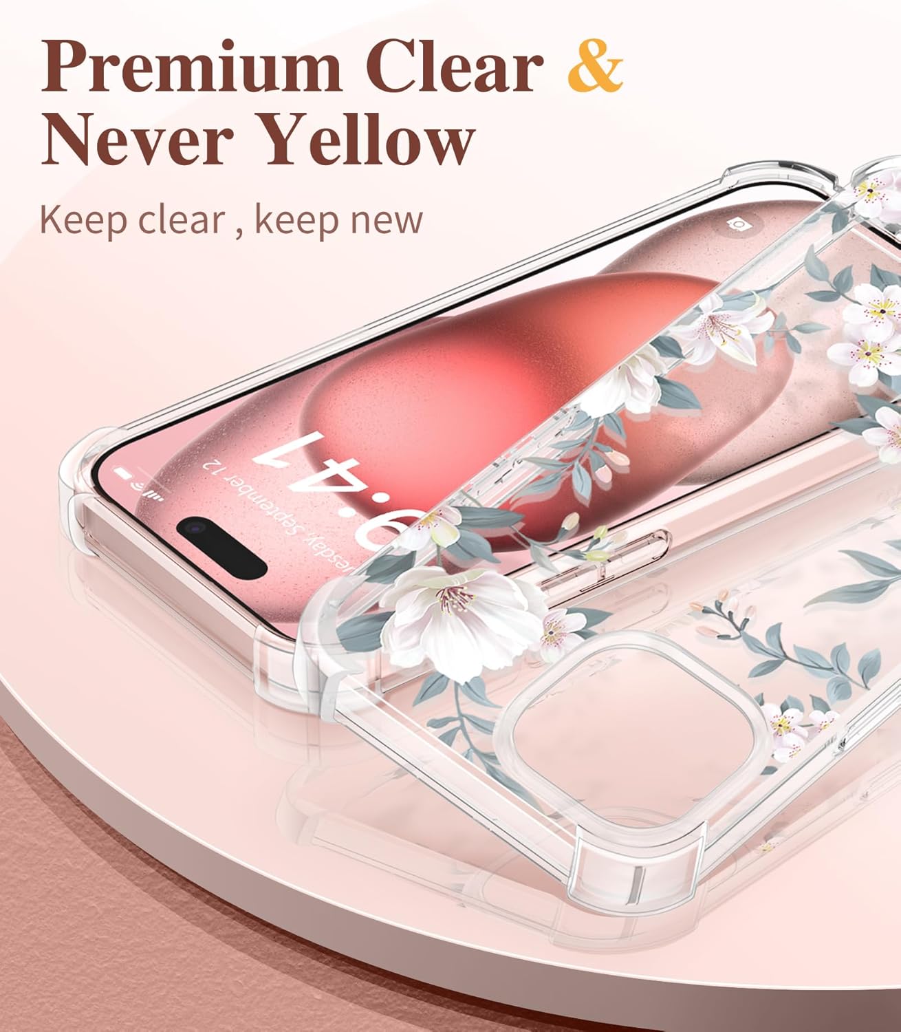 GVIEWIN Funda 3 en 1 diseñada para iPhone 15 Plus de 6.7 pulgadas, con protector de pantalla + protector de cámara con flores transparentes no