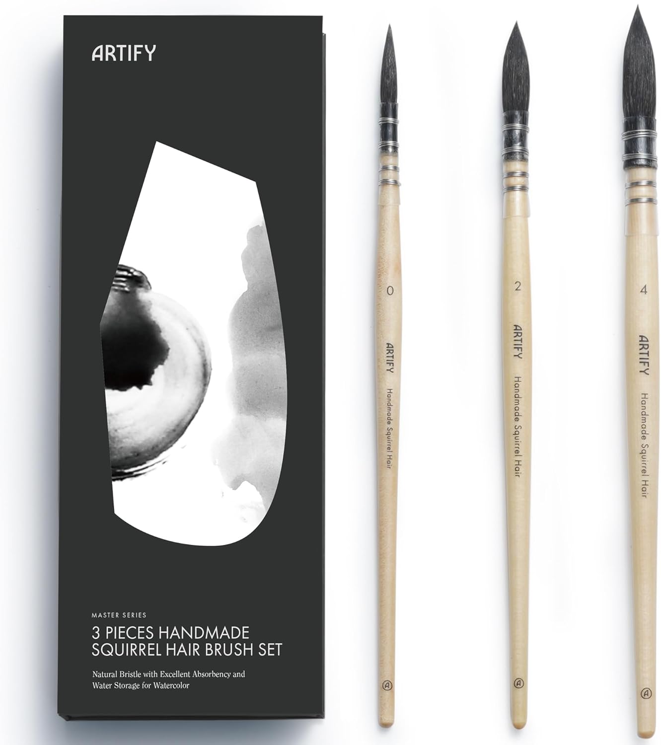 ARTIFY – Juego de 3 pinceles de acuarela para acuarela de ardilla natural profesional, para trapeador redondo, punta fina, para acuarela, ideal para