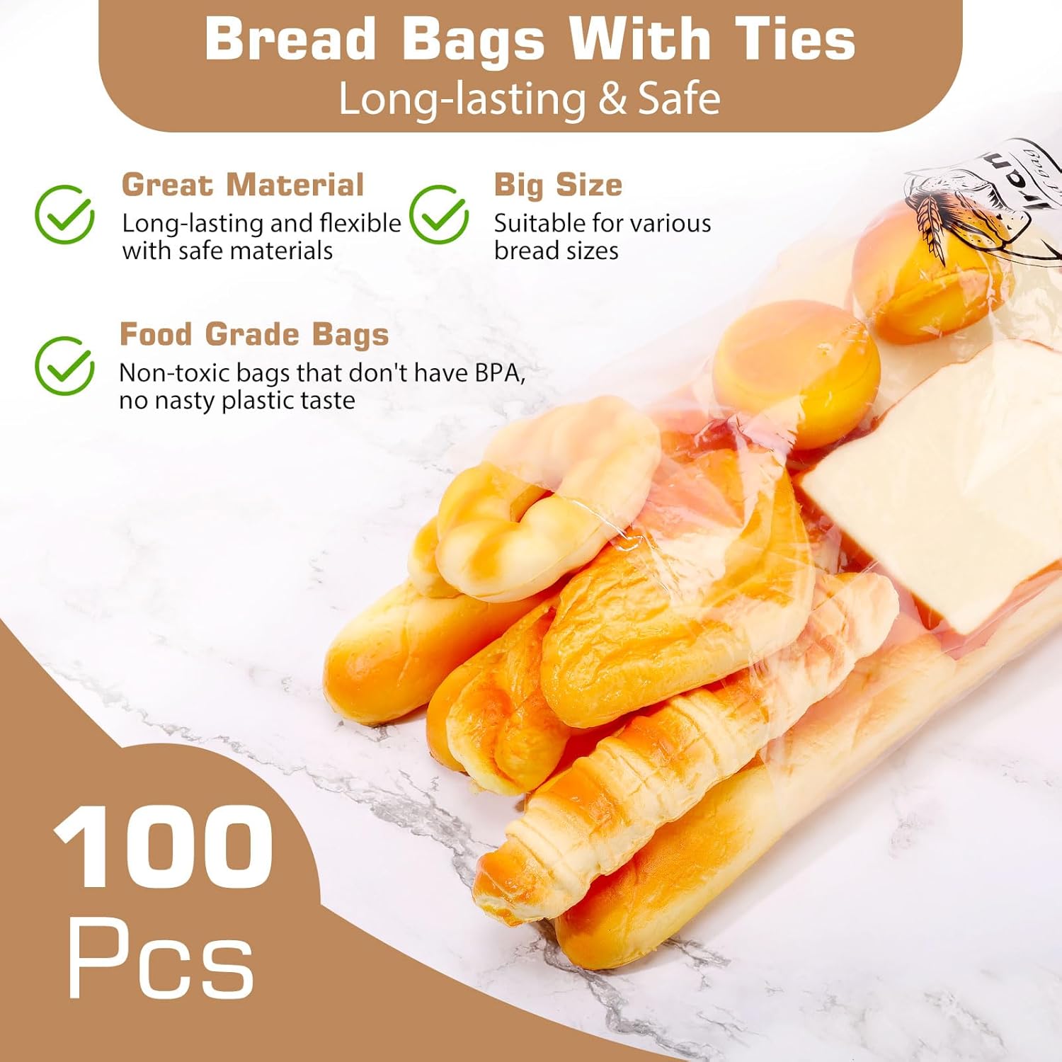 Panera y bolsas de pan con lazos, 100 piezas para encimera de cocina, contenedor de almacenamiento de pan para pan casero, bolsas de pan
