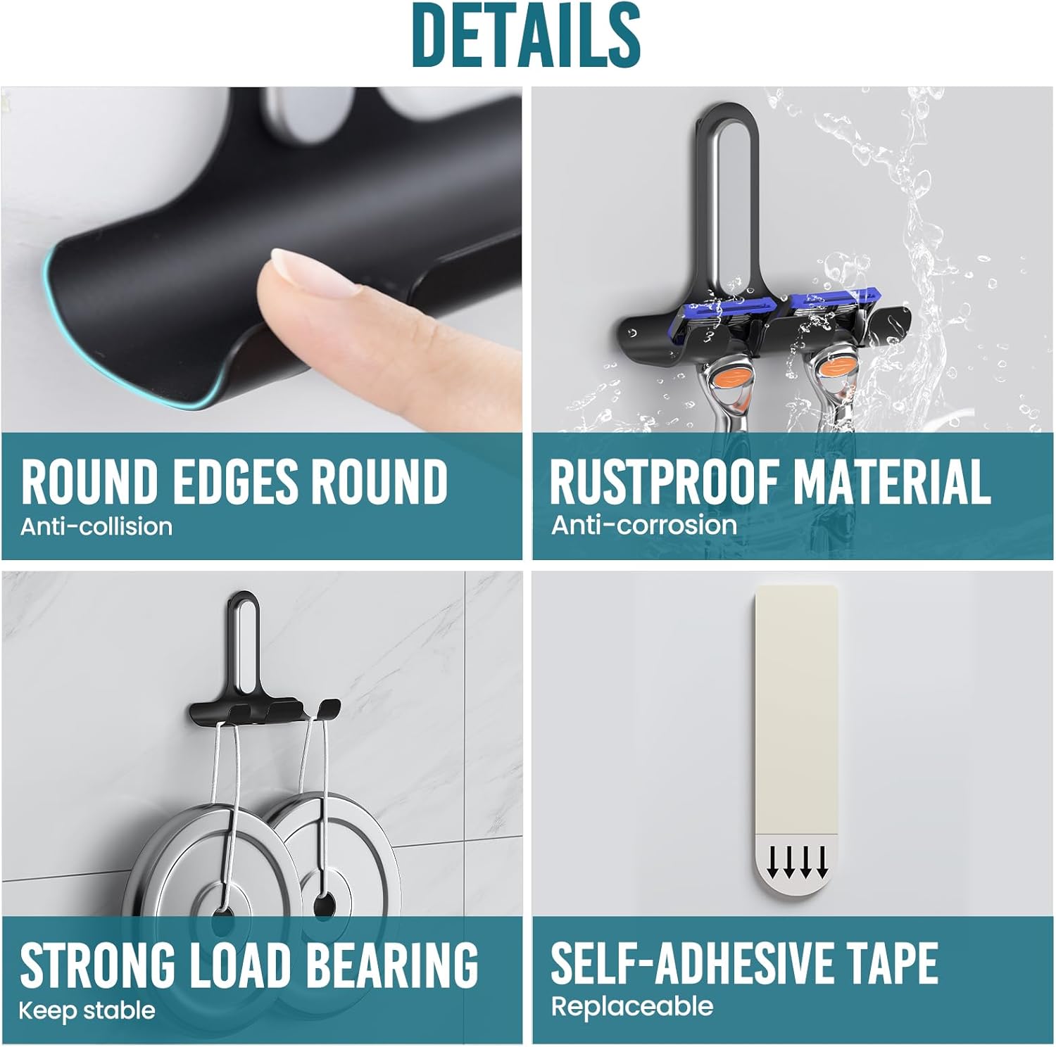 TAILI Soporte para maquinilla de afeitar sin daños en el baño de la ducha con tiras de comando, ganchos de utilidad elegantes adhesivos fuertes para