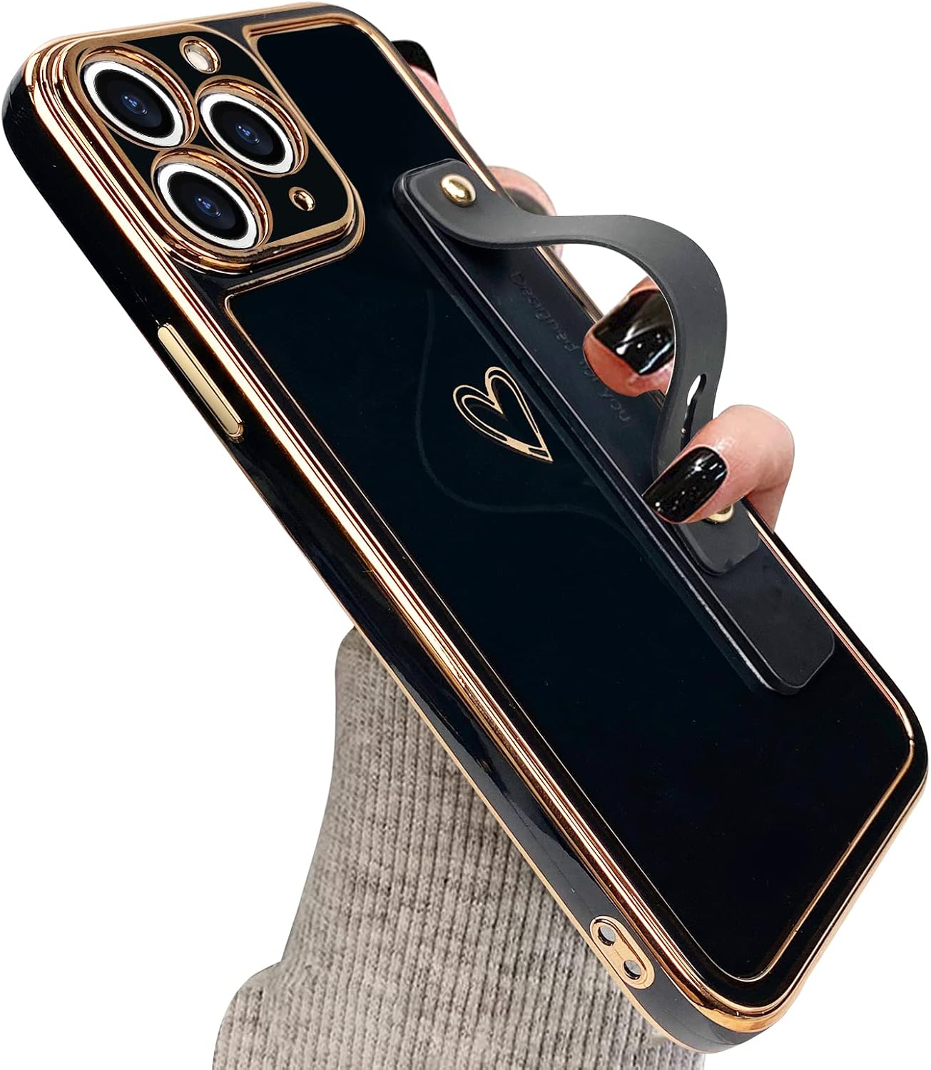 KANGHAR Funda diseñada para iPhone 11 Pro Max con correa para la muñeca, diseño de corazón chapado en oro, funda protectora delgada de cuerpo