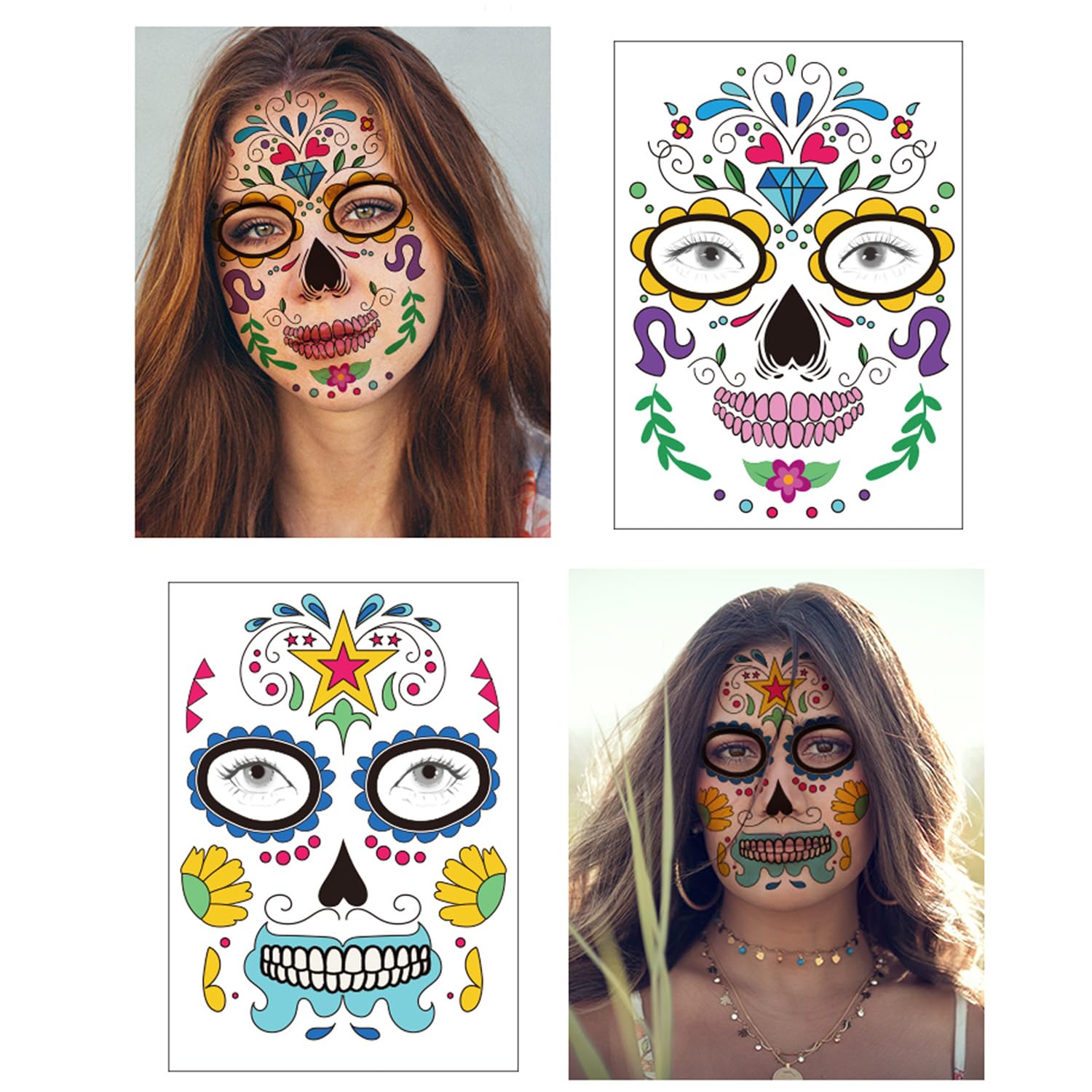 Día de los Muertos Tatuajes de Calavera de Azúcar Floral Negro Esqueleto Web Rosas Rojas Disfraz de Halloween Tatuajes Temporales 9 Hojas