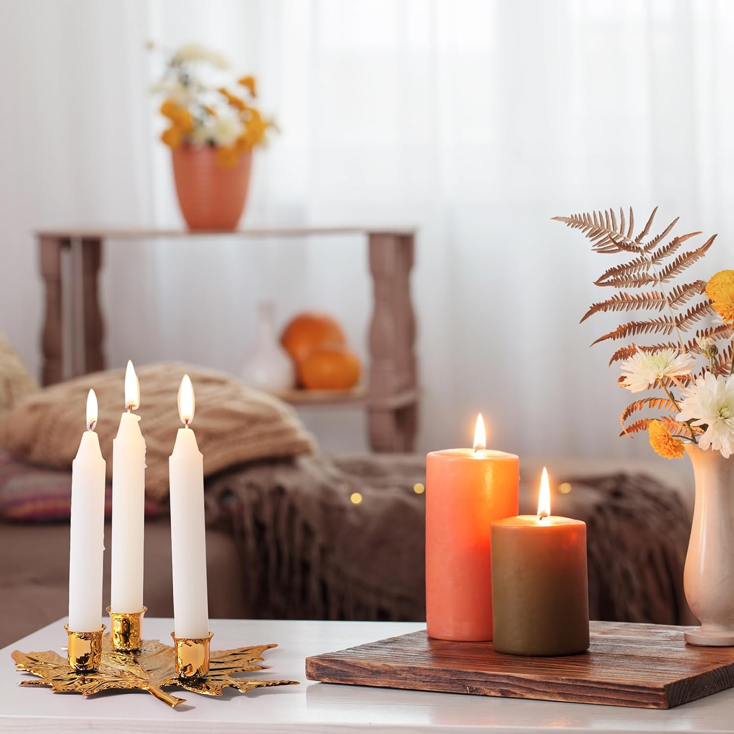 Juego de 2 portavelas de otoño de Acción de Gracias, centro de mesa de arce, decoración de mesa de otoño, centro de mesa de cosecha de otoño con 6