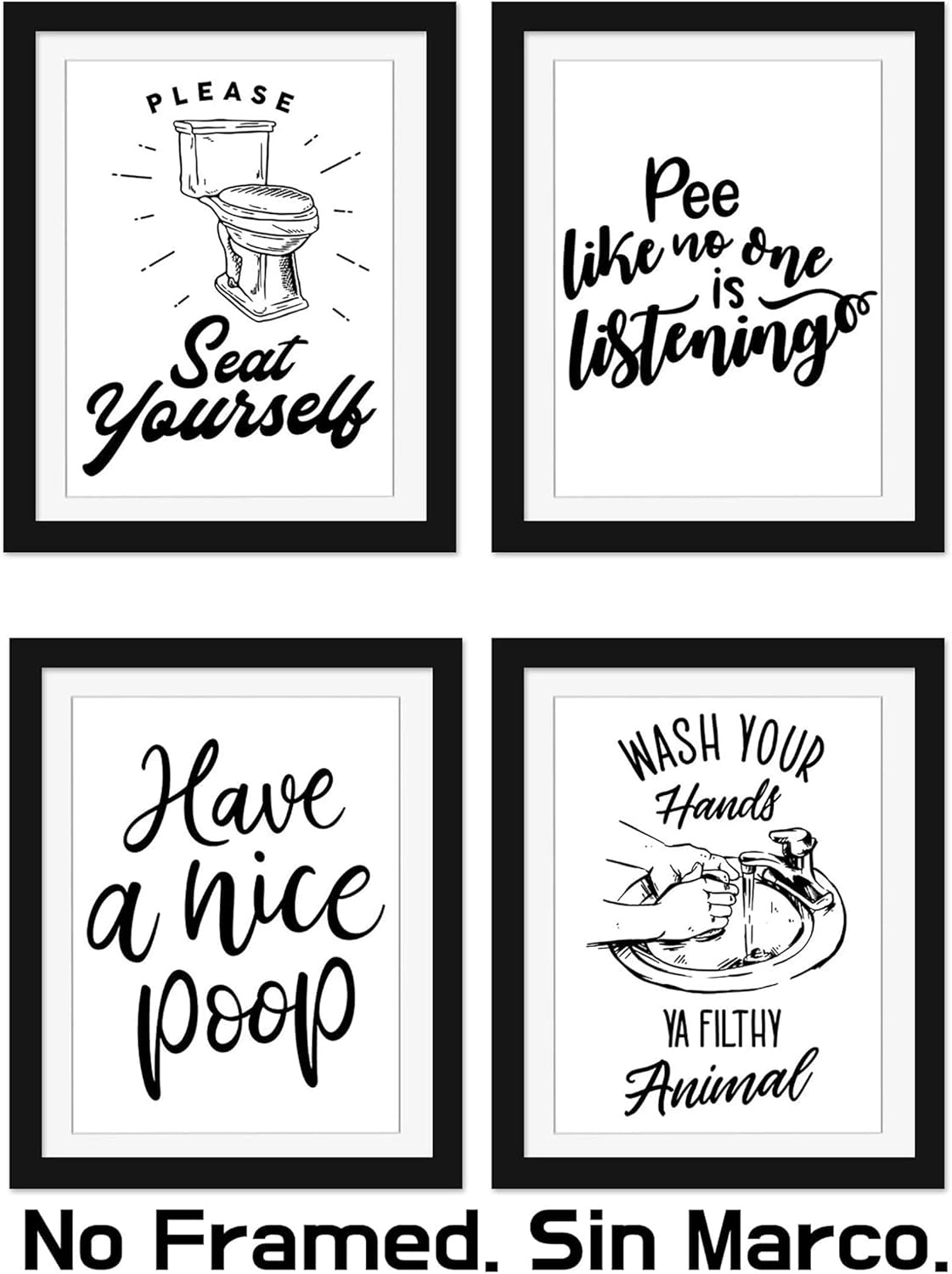 Divertidos carteles de baño (juego de 4 sin marco, 8 x 10 pulgadas), impresiones de decoración de pared de tipografía de baño, blanco y negro sin