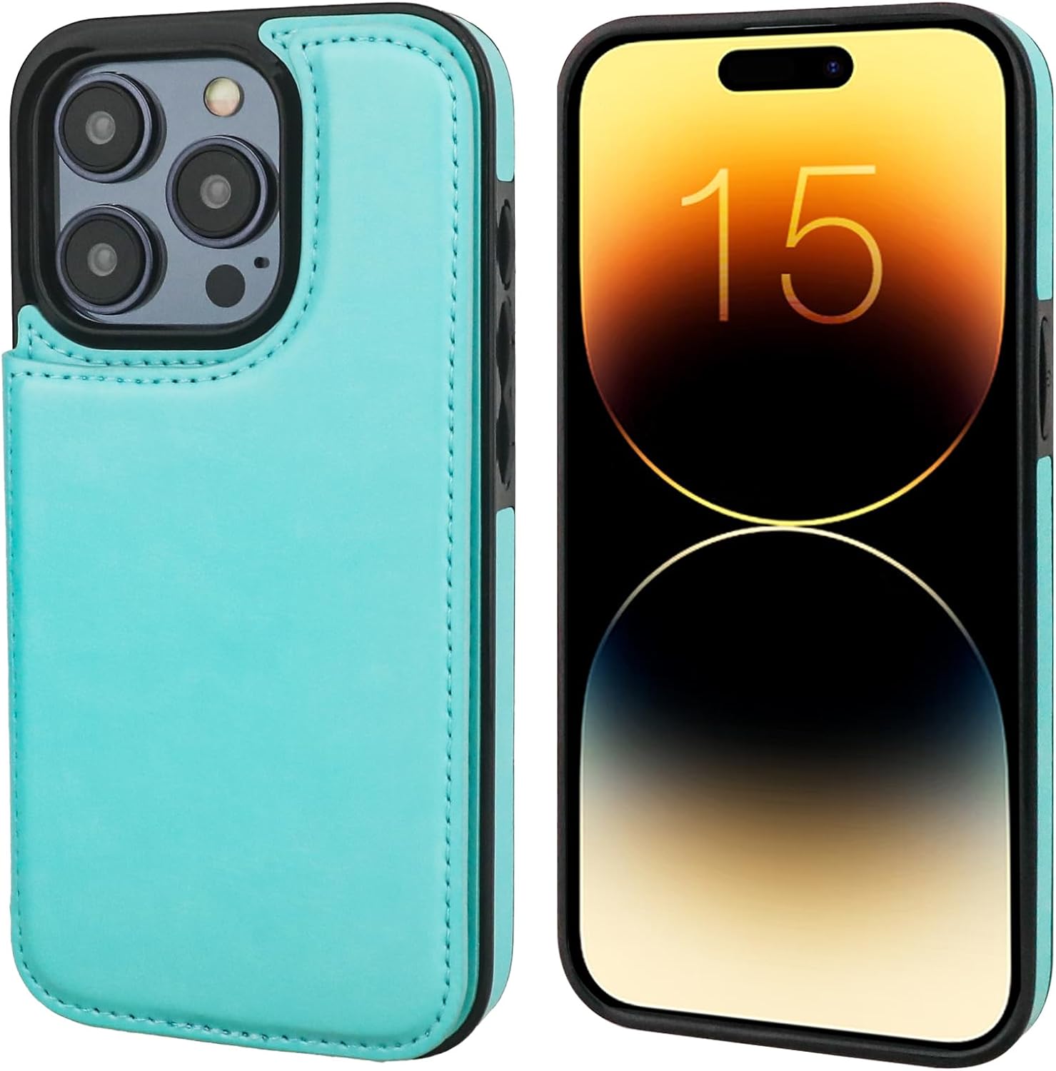 Funda tipo cartera compatible con iPhone 15 Pro con soporte para tarjetas, funda de piel sintética con ranuras para tarjetas, doble cierre magnético
