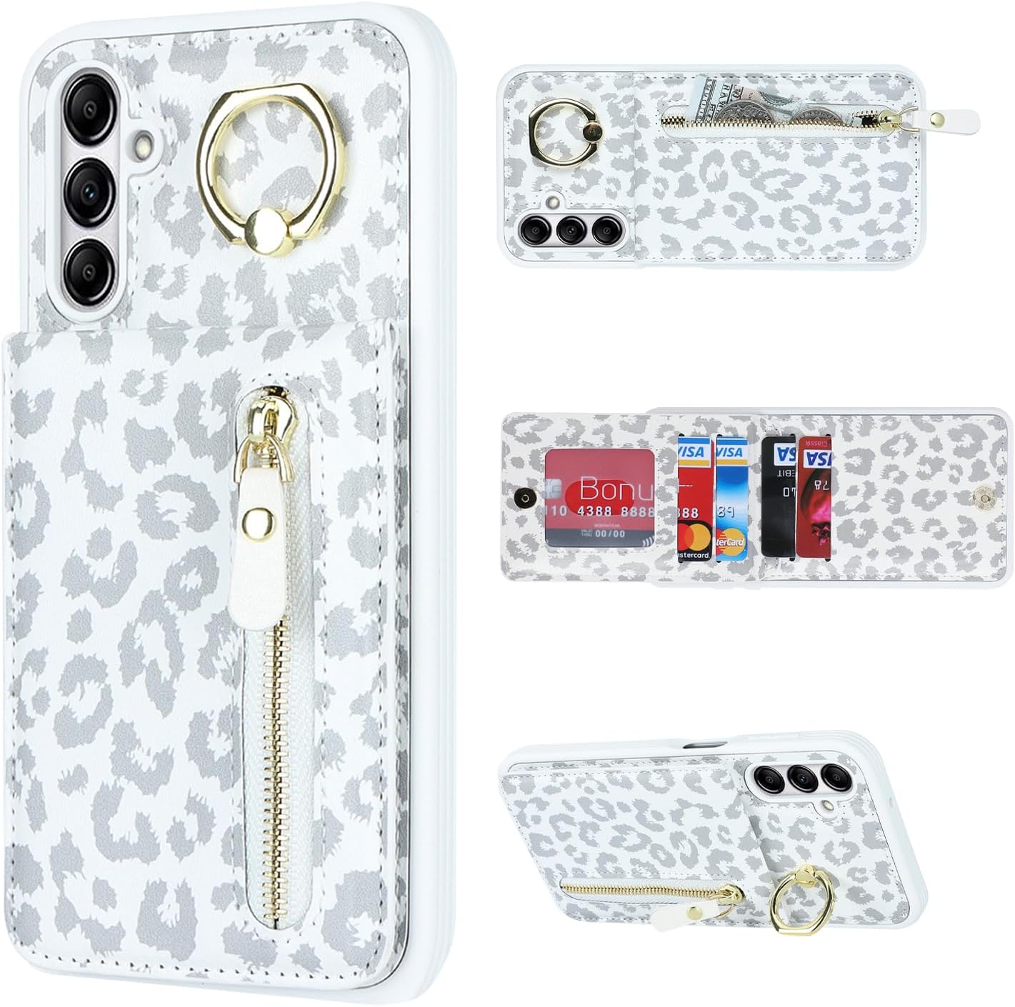 Funda para Samsung Galaxy A14 5G con tarjetero para mujer, Samsung Galaxy A14 5G Funda para teléfono con tarjeta de crédito con anillo, cremallera a