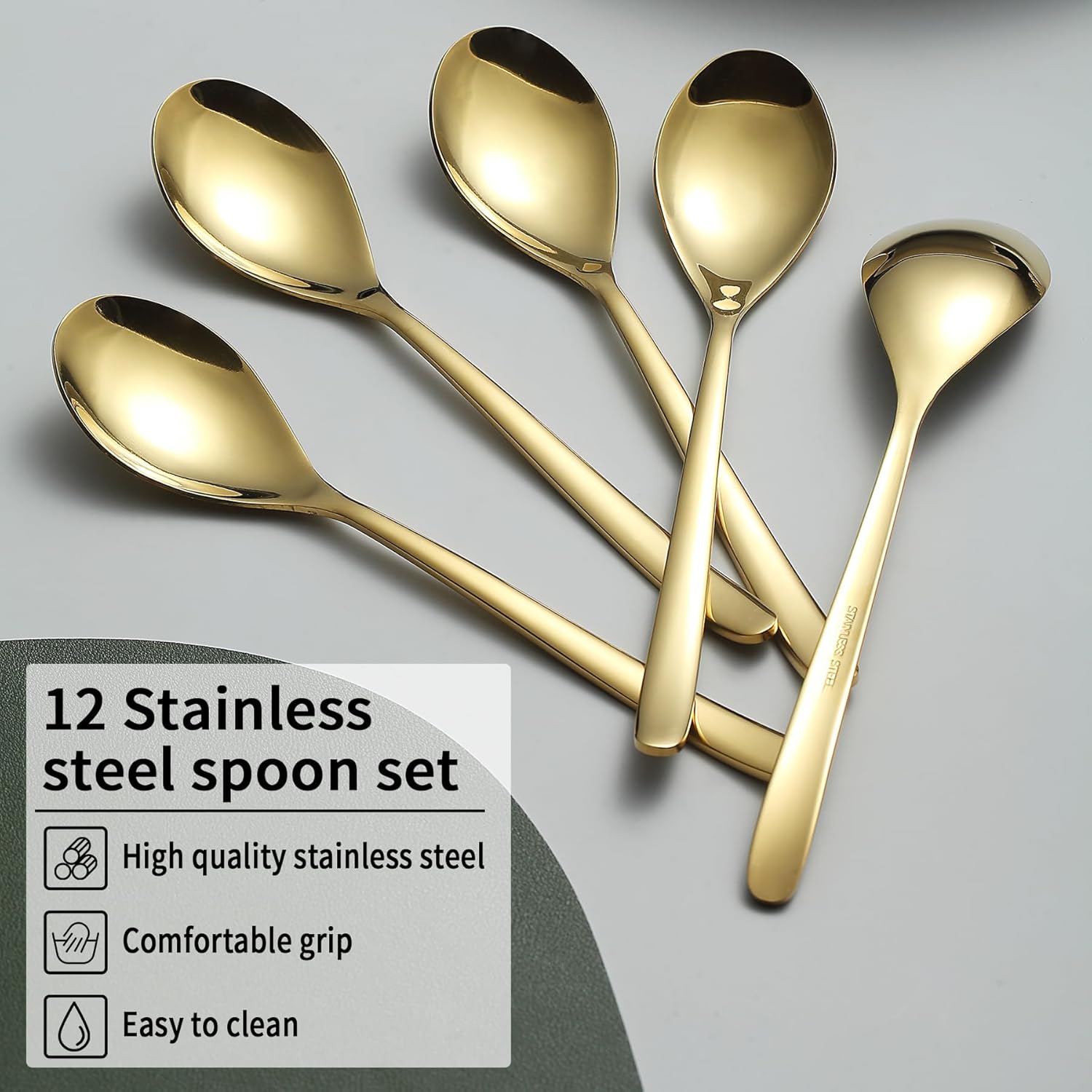 Kyraton Juego de 12 cucharas doradas de acero inoxidable chapado en oro de titanio de 8 pulgadas, cucharas de sopa, cucharas de cubiertos, apto para