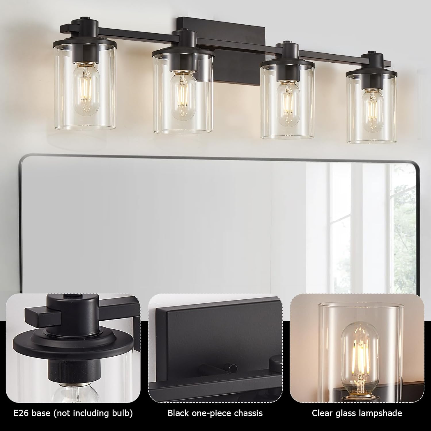 DUJAHMLAND Lámpara negra para tocador de baño, 4 luces, lámpara de tocador de baño sobre espejo, luz de tocador con pantalla de vidrio transparente,