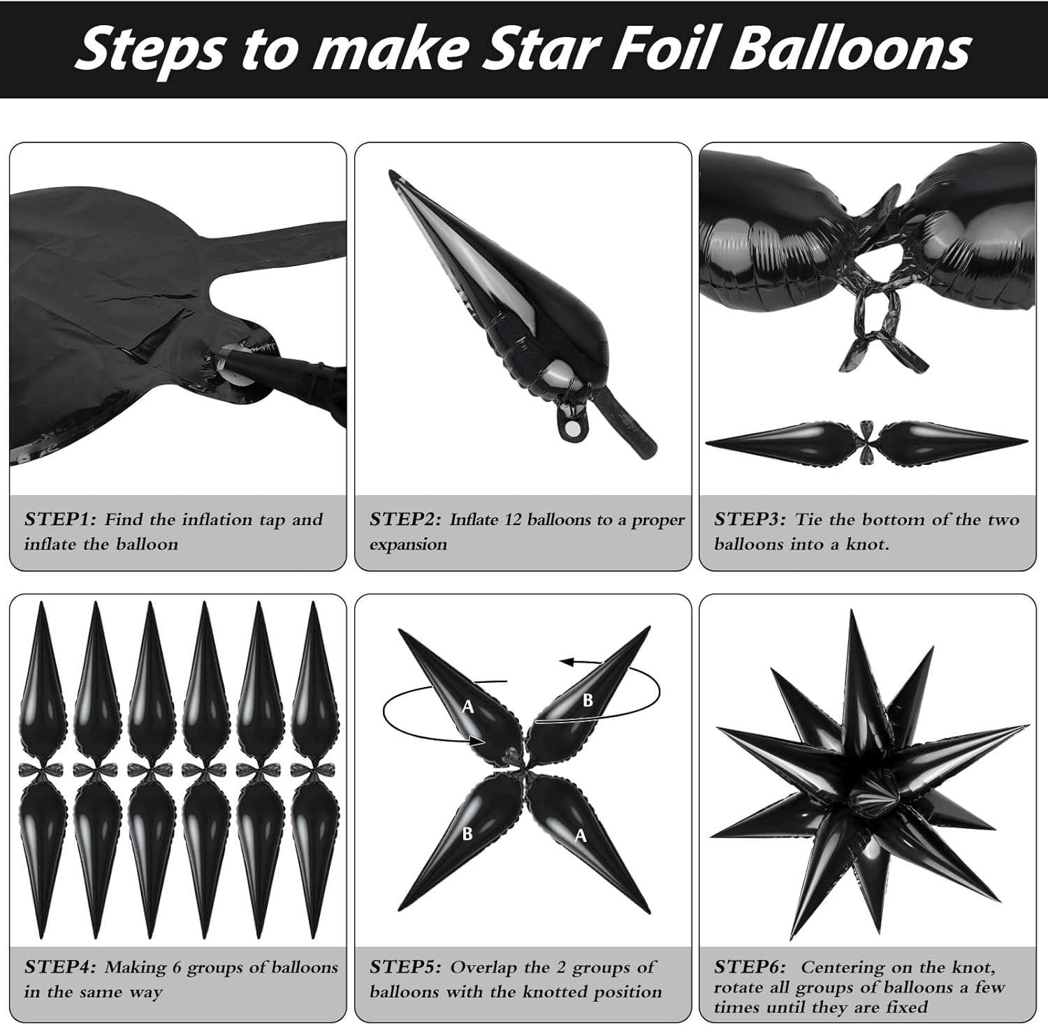 60 globos de estrella negra explosión de 12 puntos de papel de aluminio, globos mágicos en explosión de estrellas grandes para bodas, aniversarios,