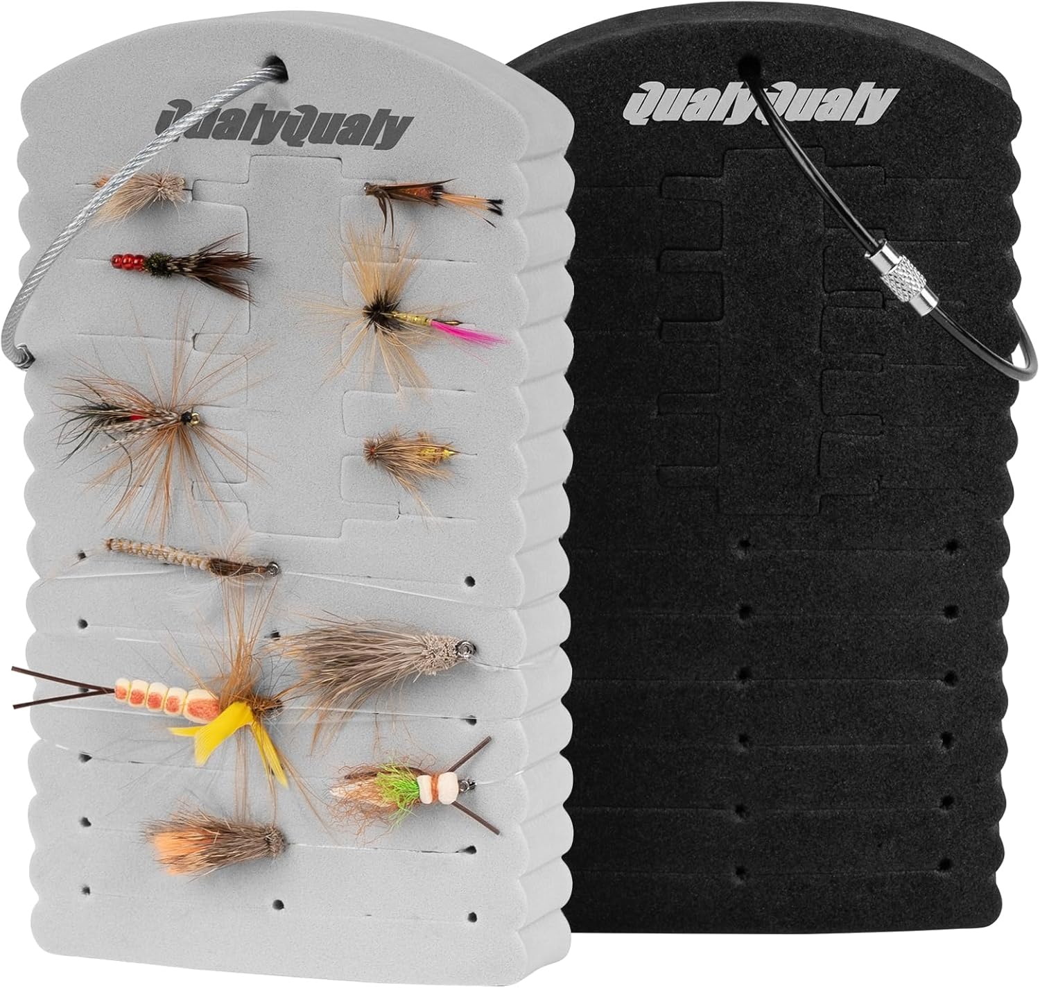 QualyQualy Parche para moscas, paquete de 2 goteros, tarjeta de espuma ligera, accesorios de pesca con mosca para moscas y serpentinas
