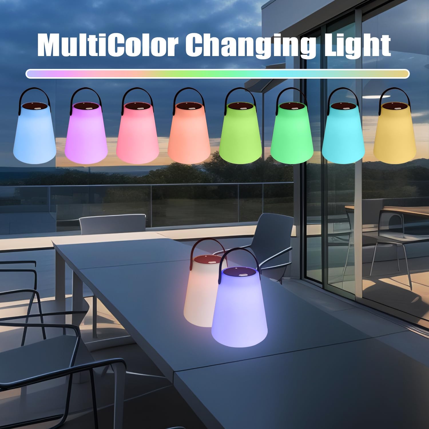 Lámpara solar inalámbrica que cambia de color, lámpara de mesa regulable de 5 vías, linterna de camping RGB para jardínsala de estardormitorio
