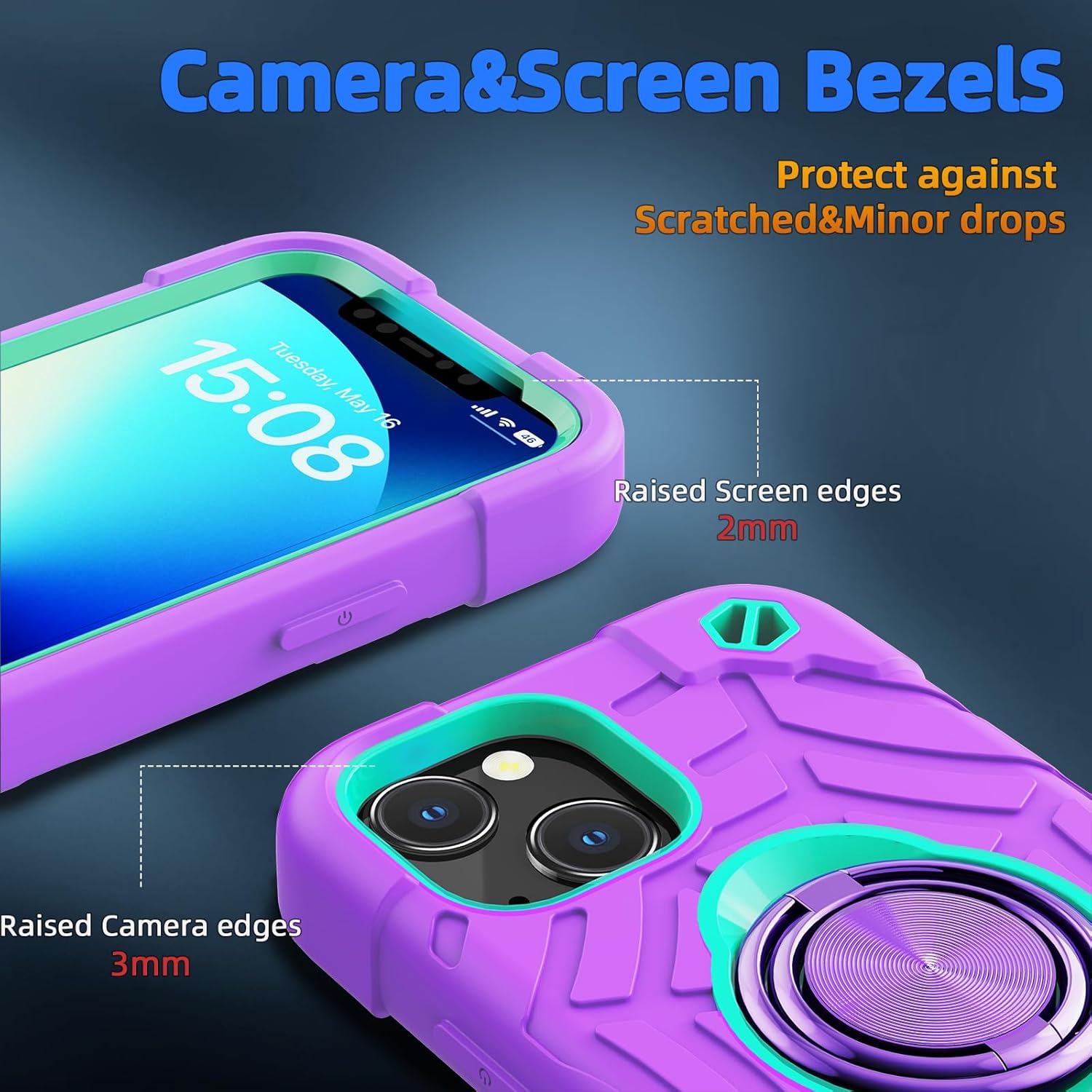 KCJ Funda compatible con iPhone 13 y iPhone 14 con 2 protectores de pantalla, protección contra caídas de grado militar, funda protectora a prueba