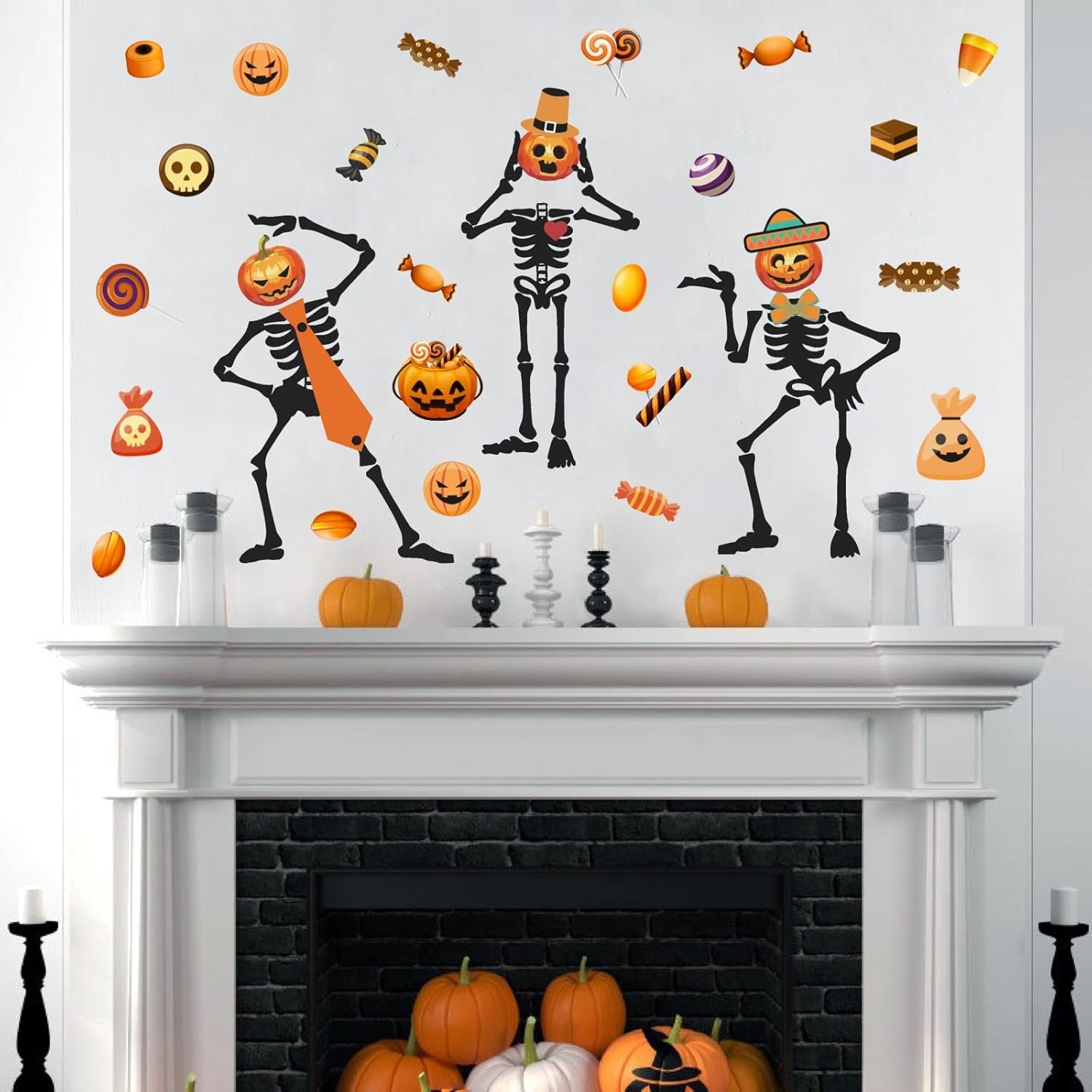 Calcomanía de pared de esqueleto de Halloween, calcomanías de pared de caramelo de calabaza, calcomanías de vinilo para ventana de Halloween,