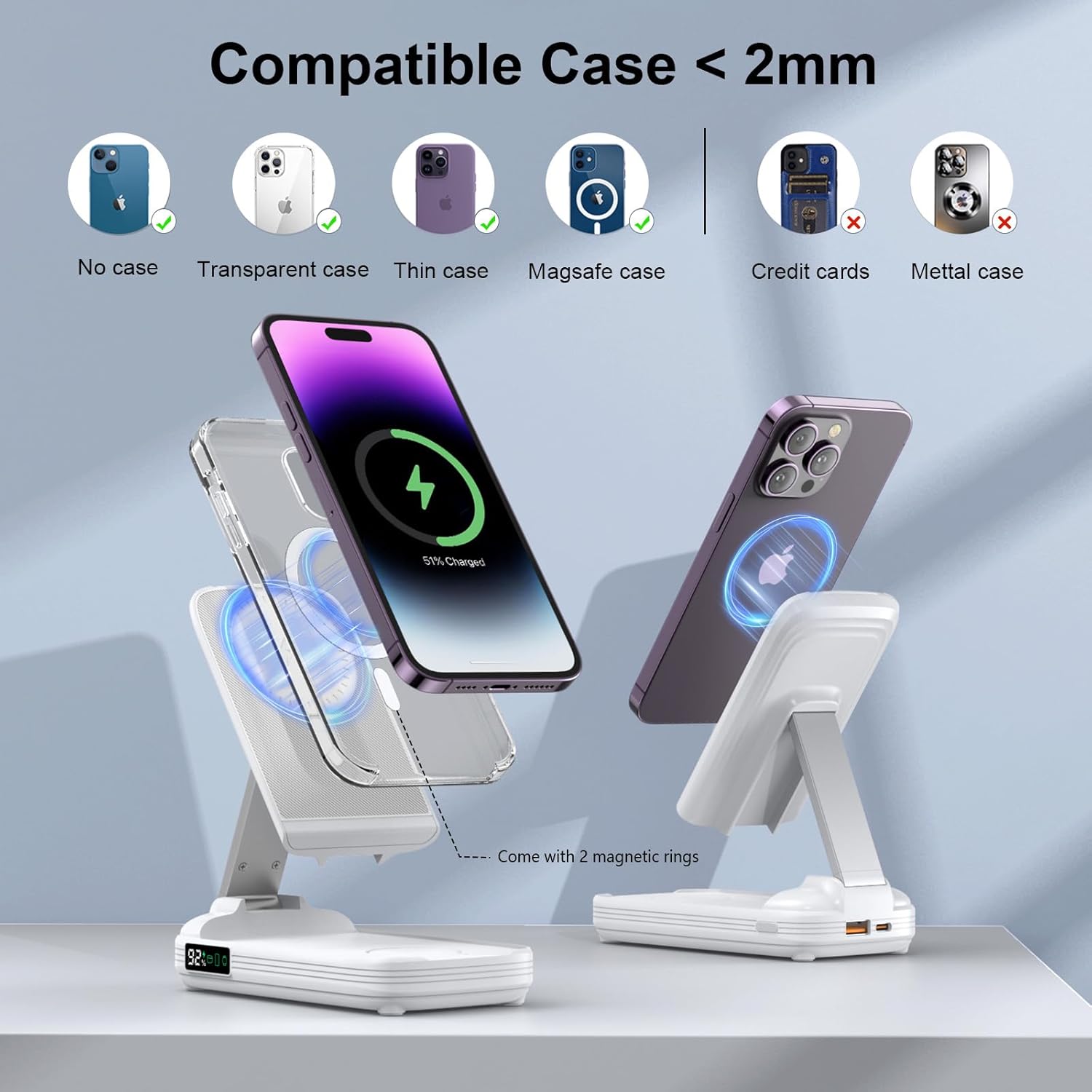 BezosMax – Estación de carga inalámbrica 5 en 1 con banco de energía de 10000 mAh, pantalla digital, magnética, automática de 20 W, estación de